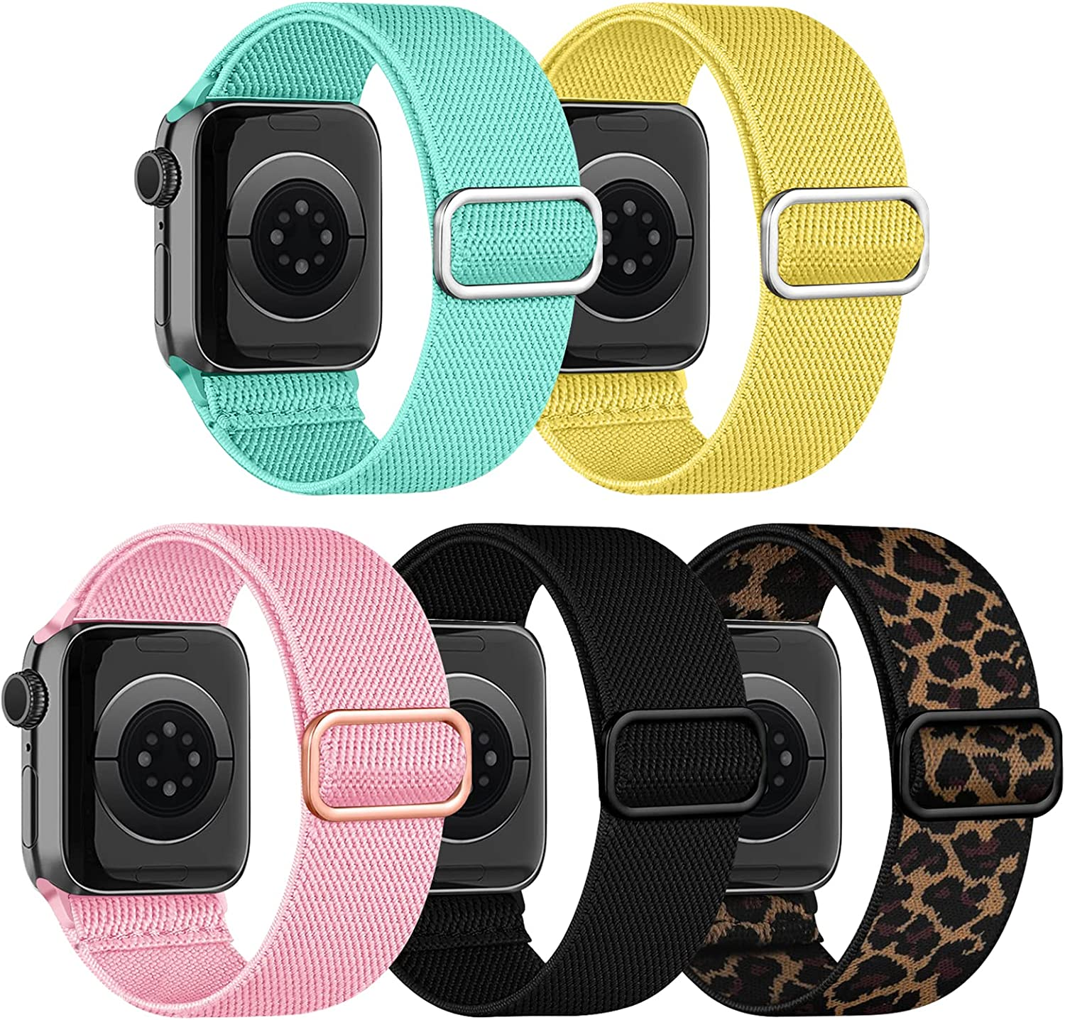 Chinbersky 5 Pack Watch Straps Compatible with Apple Watch Strap 38Mm 40Mm 41Mm 42Mm 44Mm 45Mm, Braided Elastic Stretchy Nylon Sport Solo Loop Band Replacement Straps for Iwatch Series 7/6/5/4/3/2/1