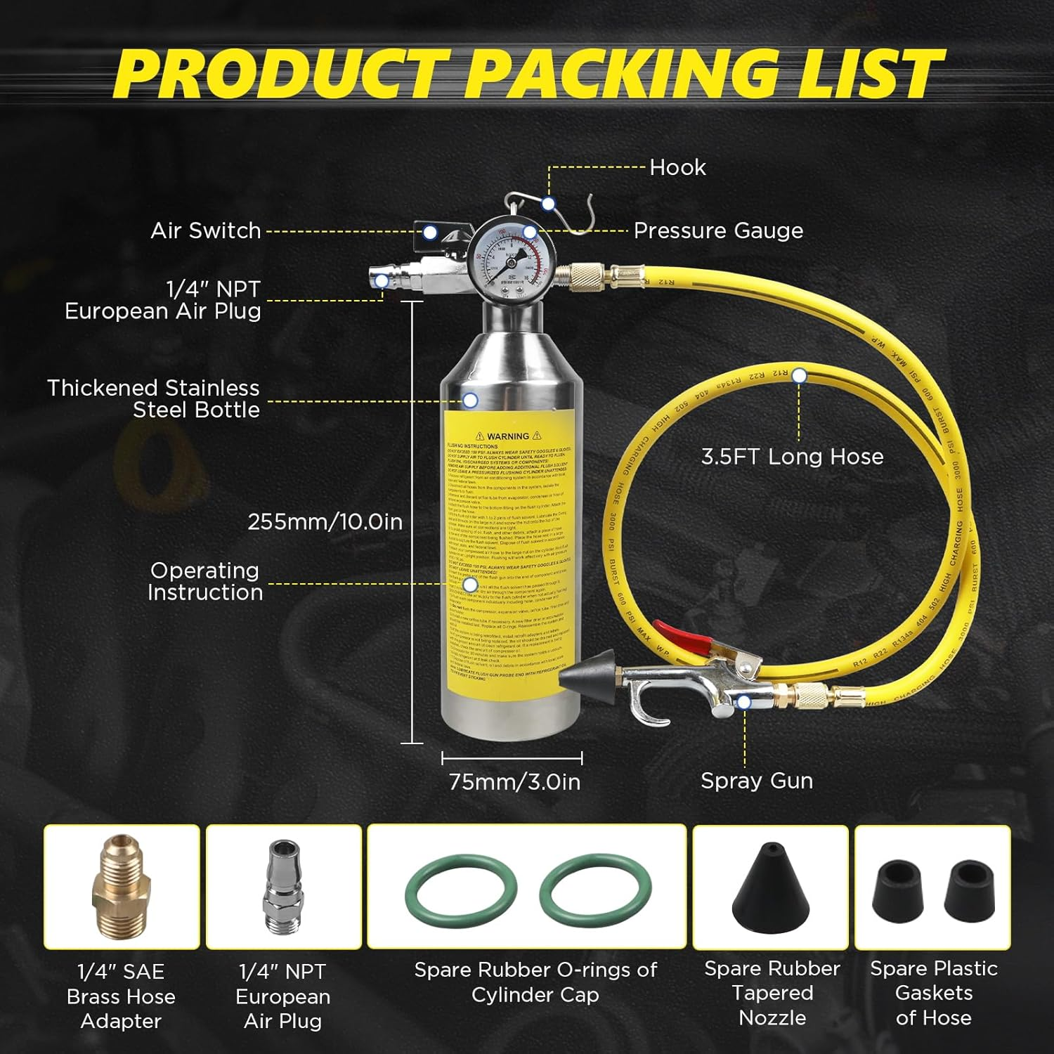 Car AC Flush Kit Car Air Conditioning Pipe Cleaning Kit with 220 PSI Pressure Gauge and Hose Flush Canister Kit for Air Conditioning Lines Fuel Lines Condenser Evaporator image number 4