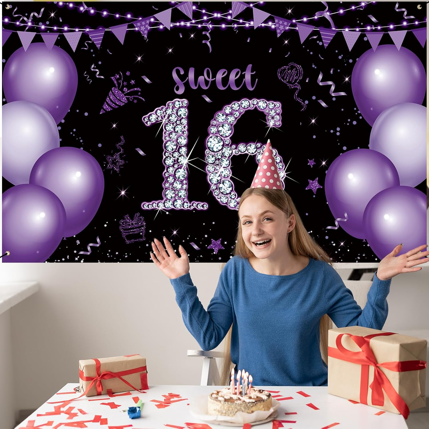 Roetyce Sweet 16 Party Decorations, Black Purple Sweet 16 Banner, 16Th Birthday Decorations for Girls, Sweet 16 Birthday Gifts, Happy 16Th Birthday Backdrop Decor, 16 Years Old Bday Party Supplies image number 5