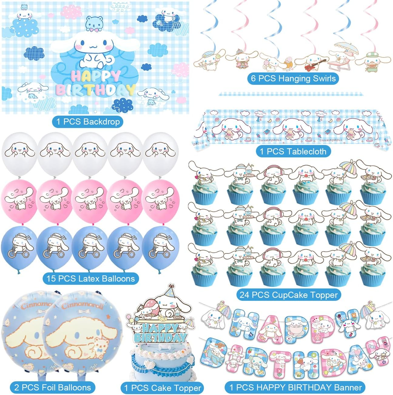 Cinnamoroll Birthday Decorations, Party Supplies Set Include Banner, Backdrop, Balloons, Hanging Swirls, Cake Cupcake Toppers, Tablecloth for Kids Cinnamoroll Theme Party image number 2