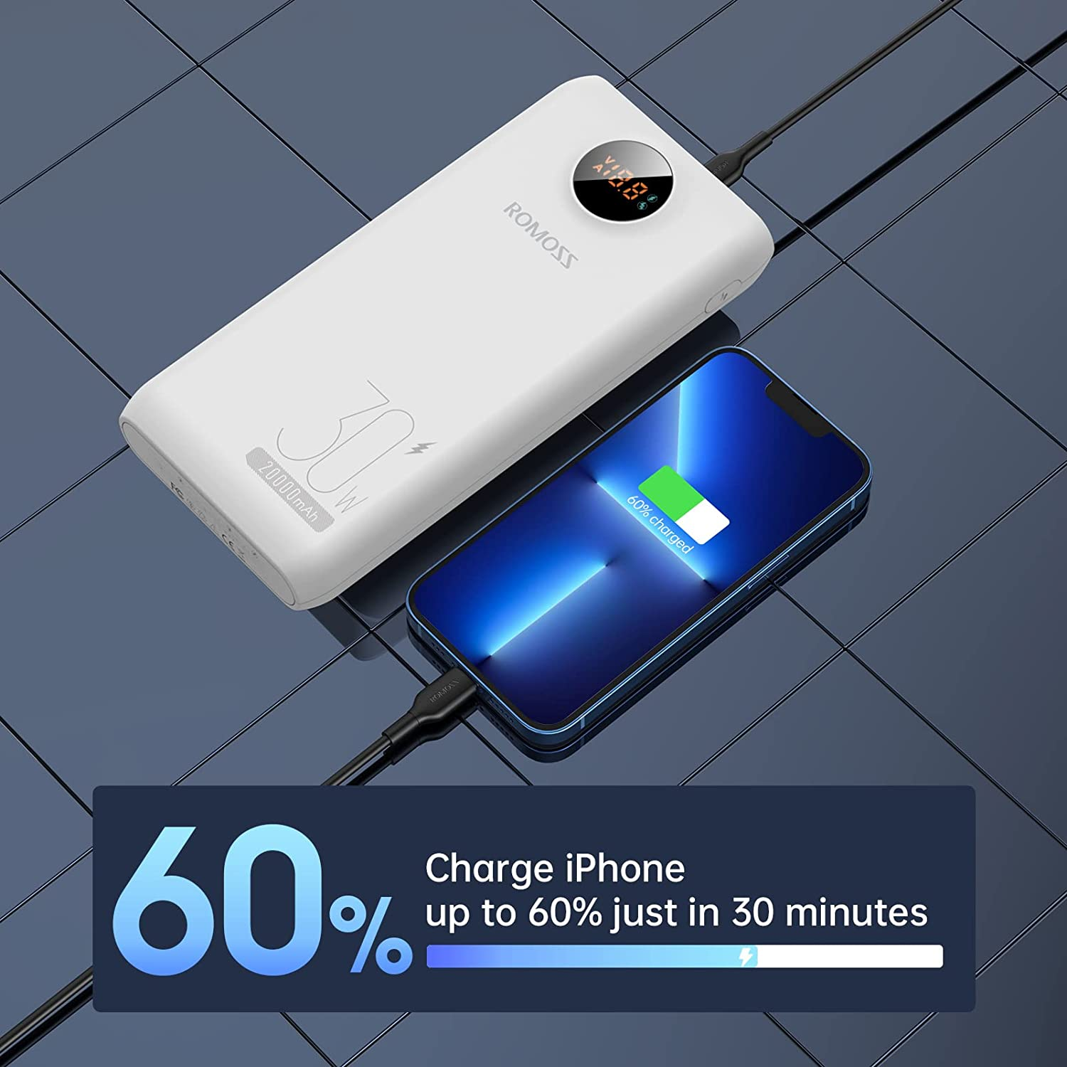 ROMOSS PD 30W 20000Mah Power Bank, 3 Input & 3 Output USB C Portable Charger, Fast Charging External Battery Pack for Iphone 16/15/14/13, Ipad, Samsung S24/S23/S22, Most Phones and Smart Devices image number 2