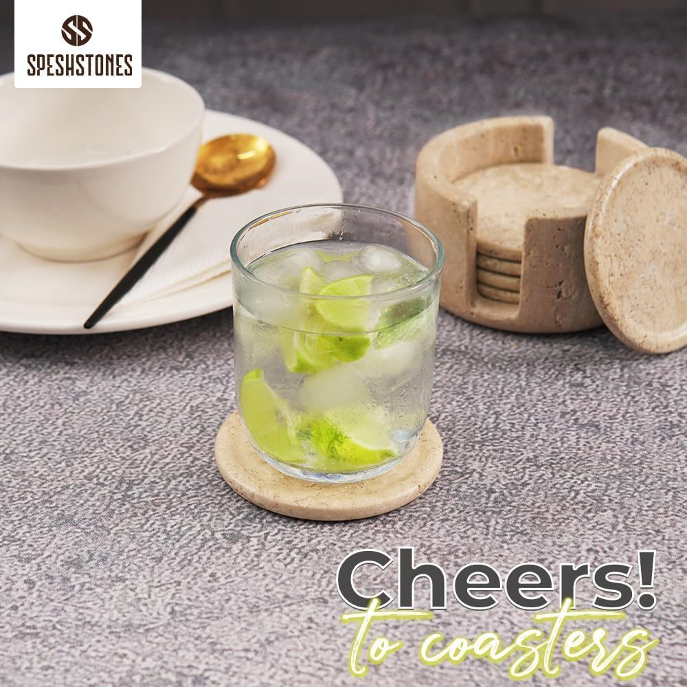 Marble Coasters Set of 6 round 3.5 Inch Travertine Christmas Coaster for Drinks with Holder - Ideal Stone Drink Coasters for Coffee Bar Accessories, Gifts, Dining Table & Home D&eacute;cor image number 3
