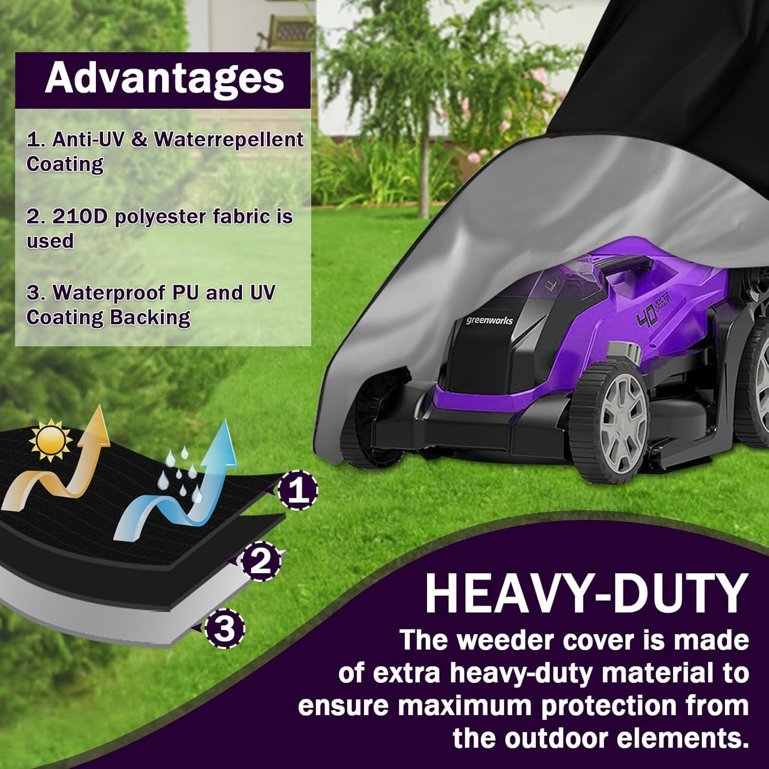 Heavy Duty 210D Polyester Oxford Push Lawn Mower Cover, 193*112*64Cm, Waterproof, UV Protection, Purple, Universal Fit with Drawstring & Storage Bag
