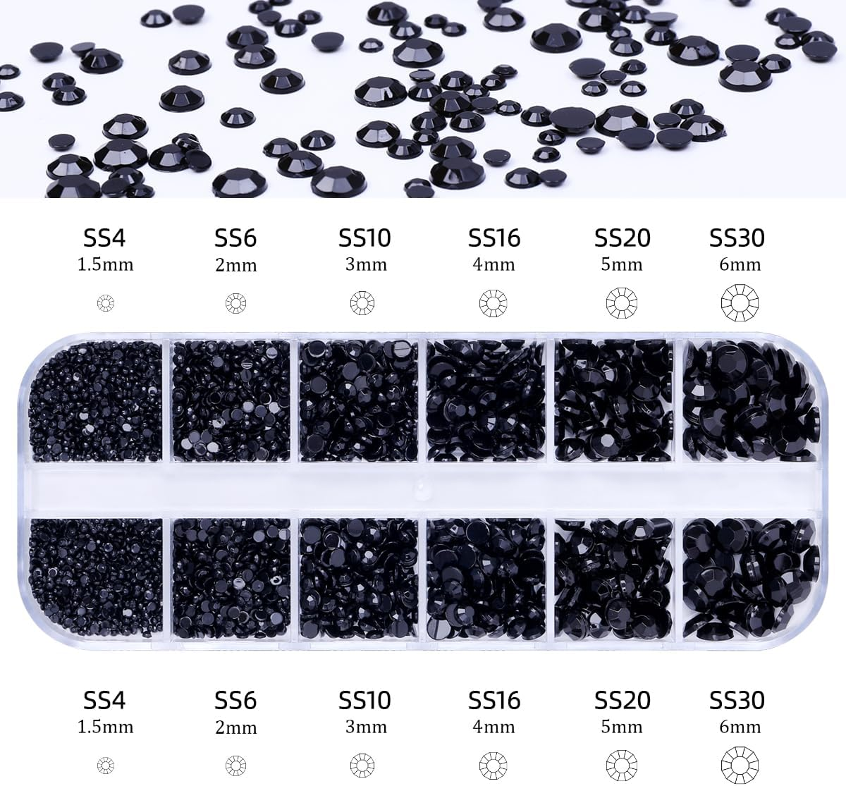 5320 Pieces Flat Back Gems round Crystal Rhinestones 6 Sizes (1.5-6 Mm) with Pick up Tweezer and Rhinestones Picking Pen for Crafts Nail Face Art Clothes Shoes Bags DIY (Black) image number 2