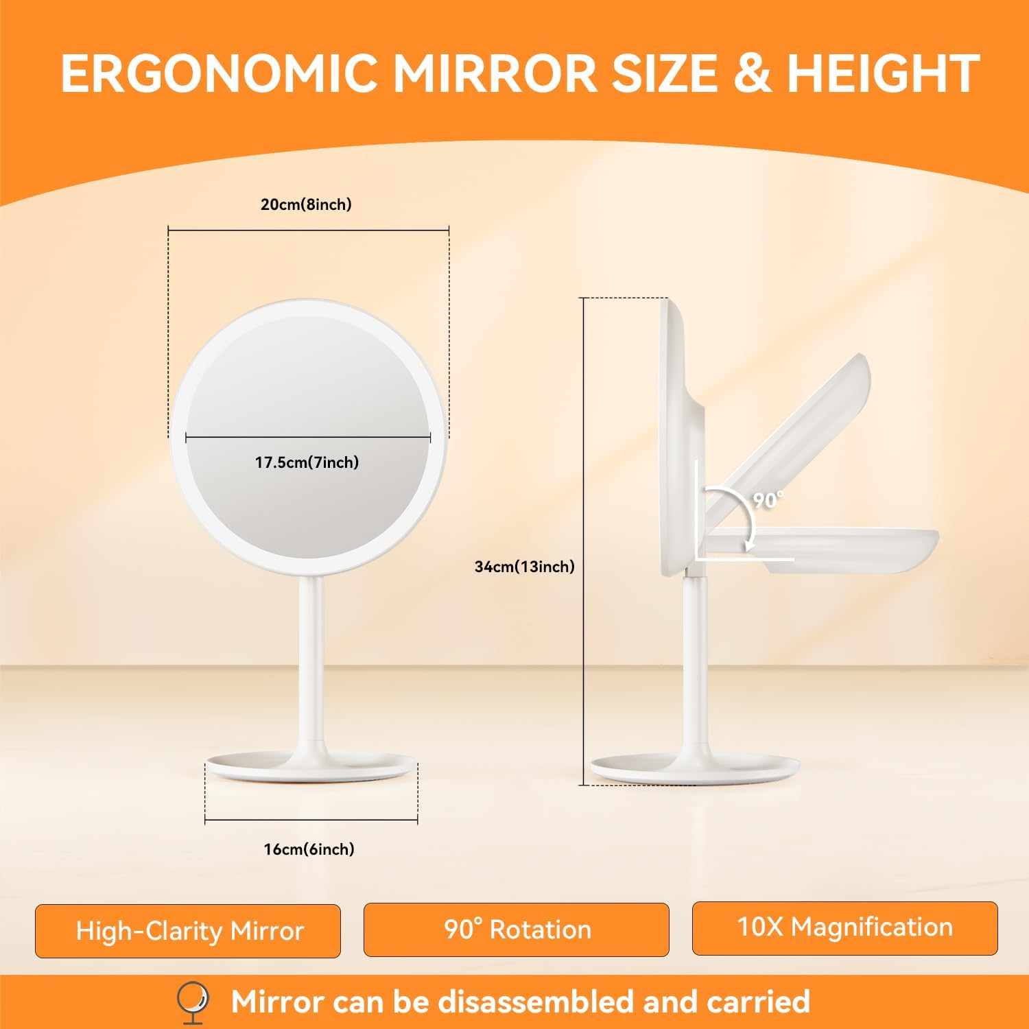 Auxmir Makeup Vanity Mirror with 46 LED Lights, Rechargeable 5X Lighted Magnifying Tabletop Mirror with Smart Touch Screen, 3 Light Colors Adjustable Dimmable Freestanding Cosmetic Mirror with Tray image number 5