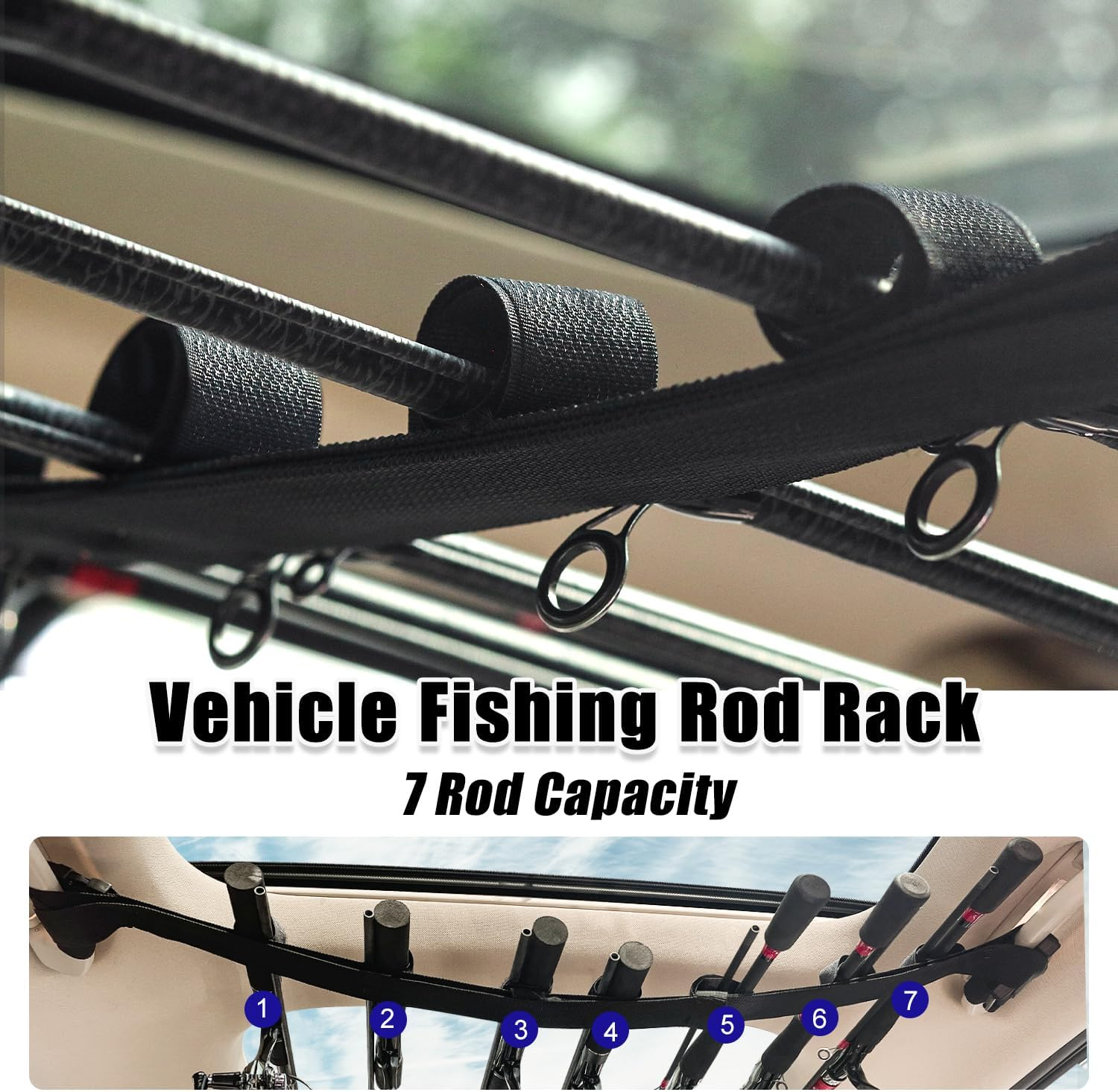 PSKOOK Vehicle Fishing Rod Holder, Car Fishing Pole Roof Rack Inside, 7 Rod Capacity, Heavy-Duty Nylon, No-Tool Installation, Black