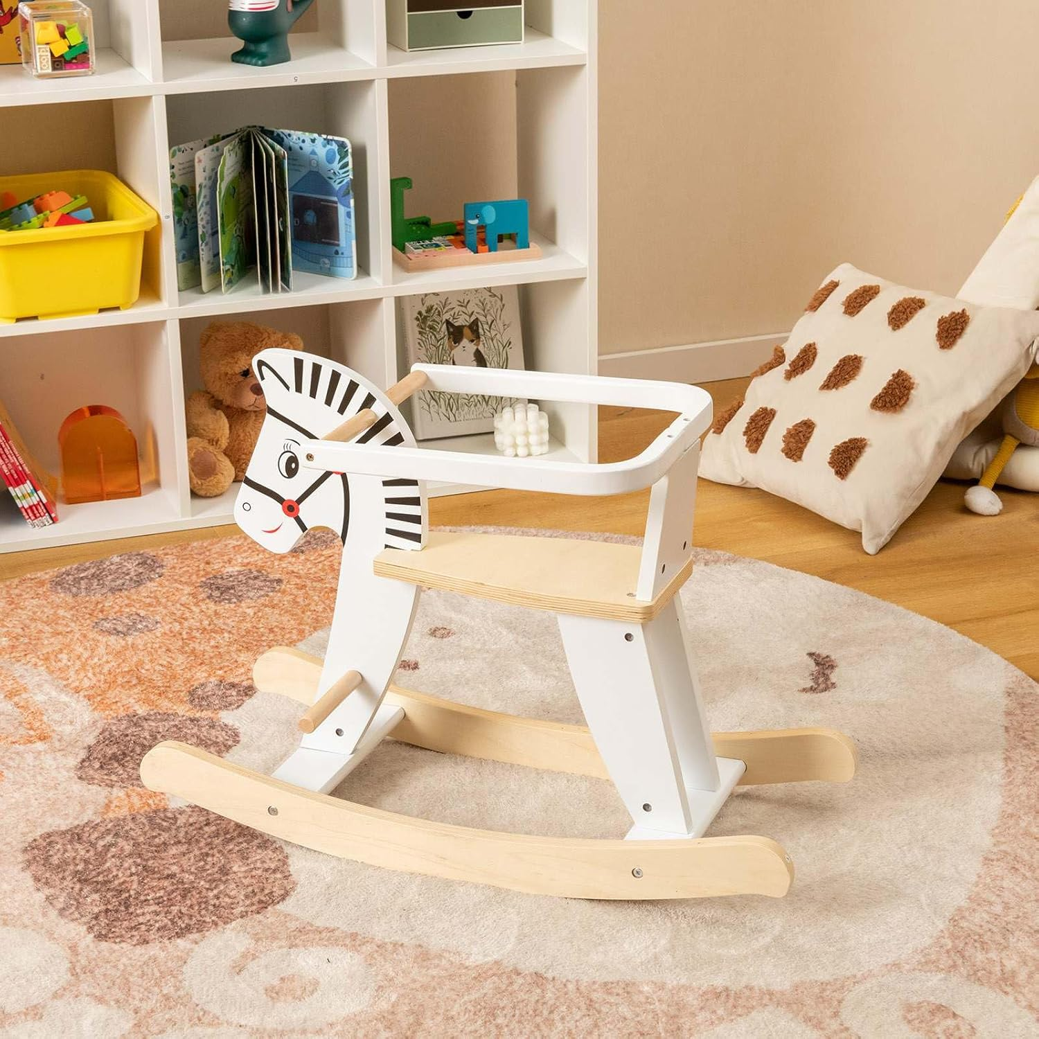 HONEY JOY Wooden Rocking Horse, Baby Ride on Toy W/Detachable Fences, 11-22 Degrees Gentle Rocking Motion, Comfy Seat & Backrest, Cute Patterns, Indoor Animal Rocker for Kids over 3 Years Old, White image number 5