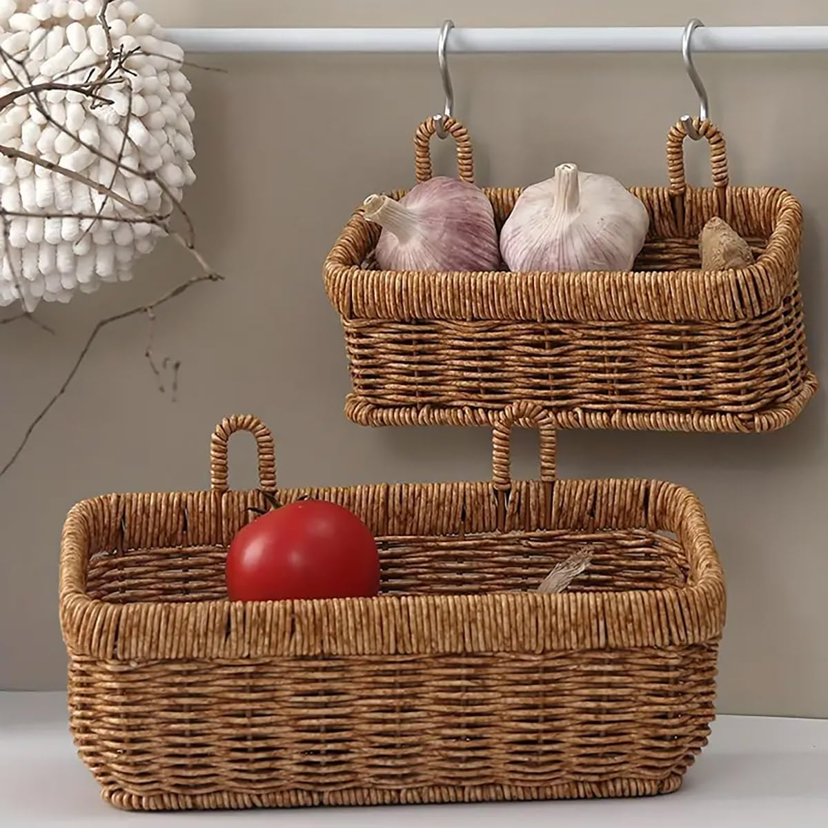 AIMALL Multi-Purpose Plastic Rattan Hanging Storage Basket, Versatile for Kitchen Garlic, Onion Storage and Living Room Decor, Sturdy Iron Frame Weave, Small/Large - No Assembly Required image number 6