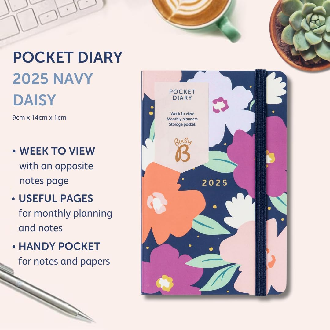 Busy B Pocket Weekly Planner Diary 2025 - Compact Diary for Students, Teachers, Work & More with Week-To-View Layout, Monthly Planners, Notes Pages, Storage Pocket & Elastic Closure Band - Navy Daisy image number 2