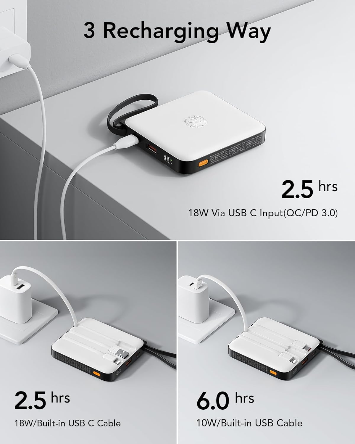 Portable Charger Power Bank Built-In Cables, 10000Mah 22.5W Fast Charging USB C Battery Pack, VRURC Phone Charger Battery & LED Display,White image number 1