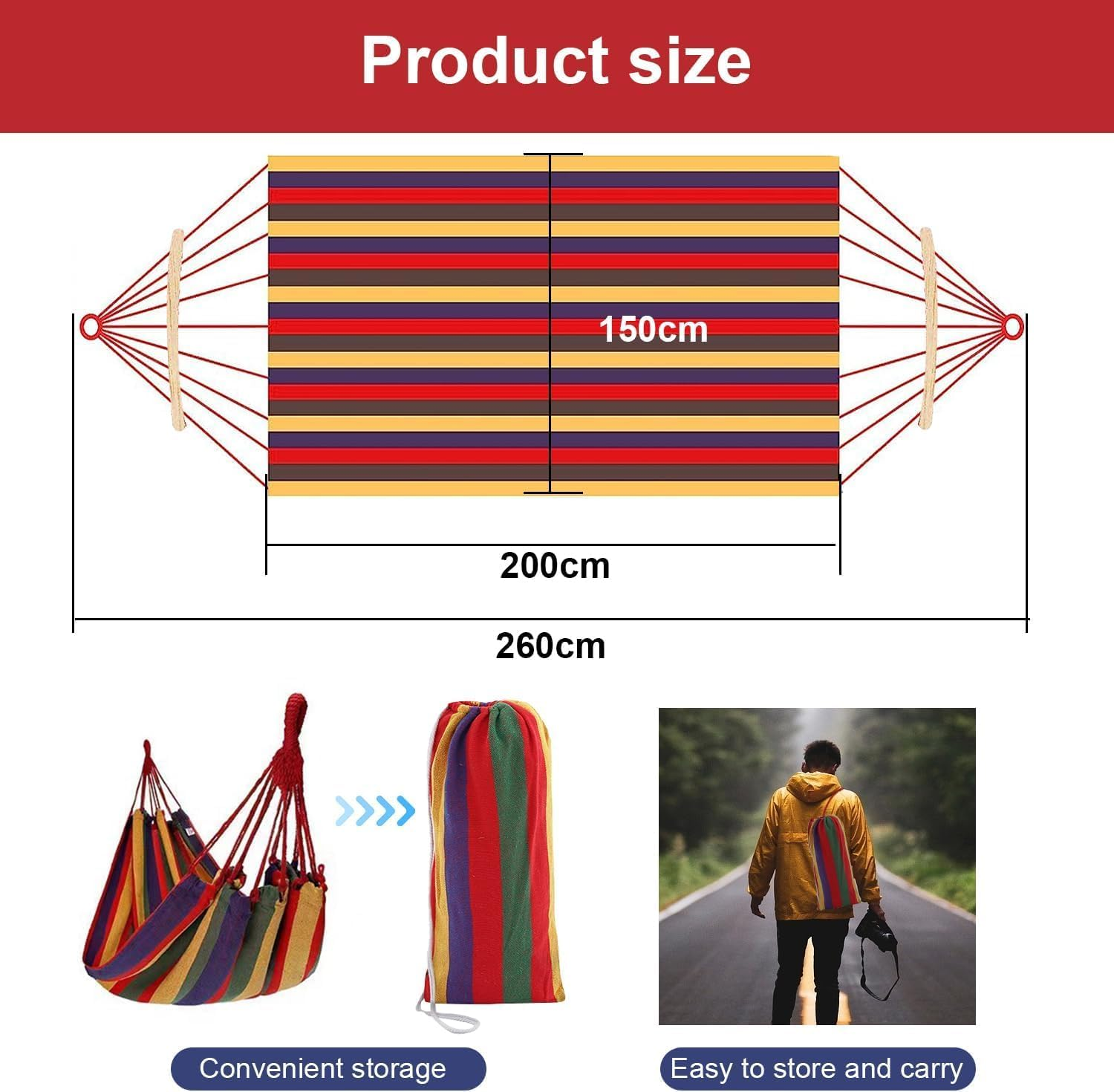 260 * 150Cm Double Hammock, Colorful anti Roll Hammock with 2 Curved Stick, Made of Soft Canvas without Stand, Replacement for Backyard, Porch, Outdoor and Indoor image number 3