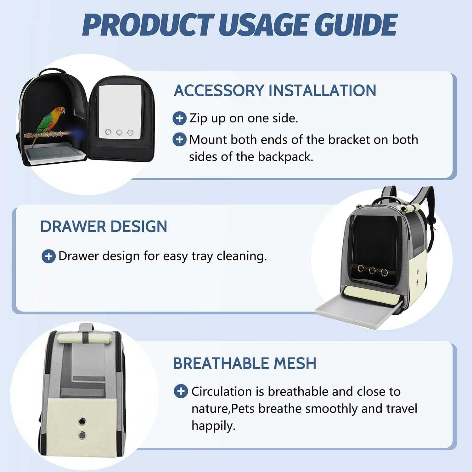 Bird Backpack Carrier,Bird Travel Cage Backpack with Tray and Standing Perch, for Small Animals with Adjustable Height and Visible Window for Travel and Outdoor Adventures