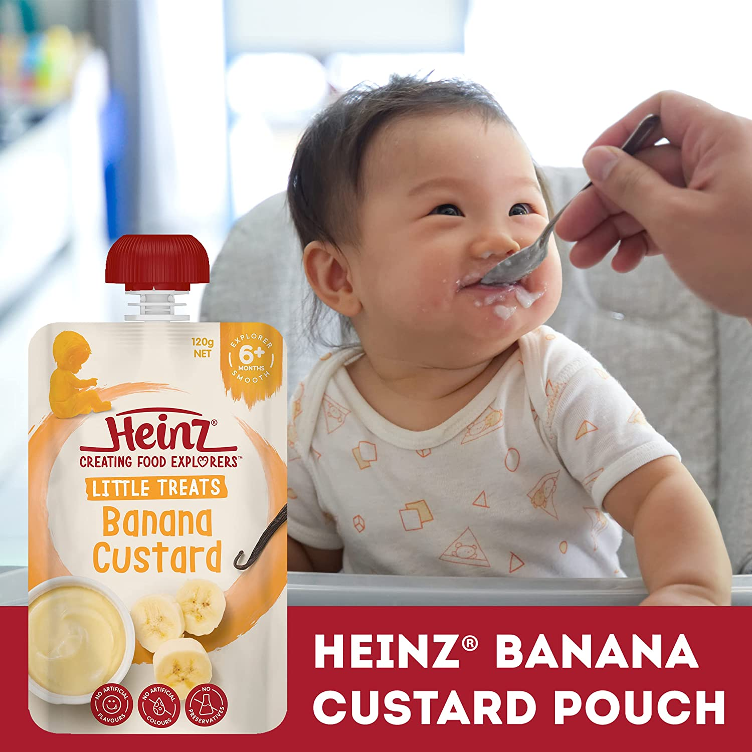 Heinz 6+ Months Banana Custard Heinz for Baby Heinz Little Treats Baby Food Pouch No Artificial Flavours, No Preservatives, No Added Colours 120G (Pack of 6) image number 3