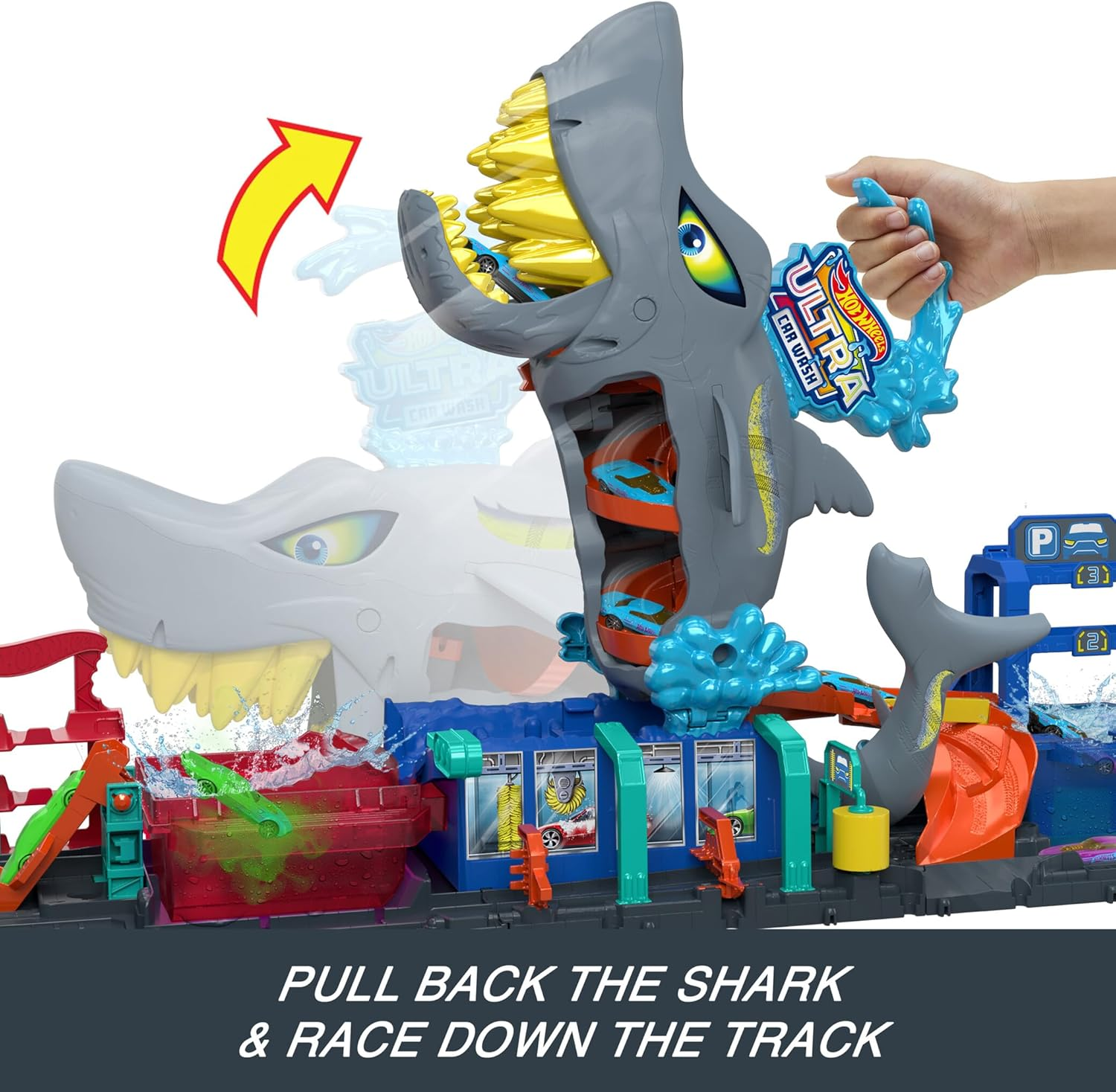 Hot Wheels City Track Set, Ultra Shark Car Wash with 1:64 Scale Color Reveal Toy Vehicle, Repeat Color-Change Feature, Storage