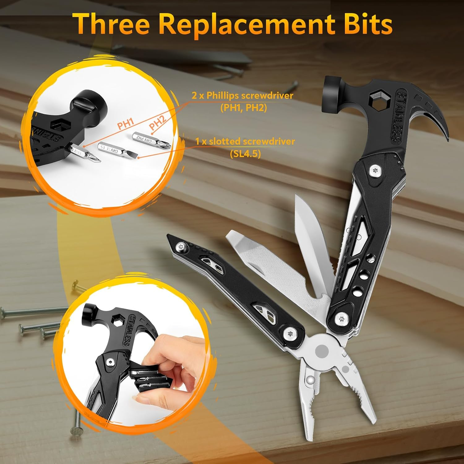 15 in 1 Multitool Claw Hammer Camping Accessories Gifts for Men Stocking Stuffers Multi Tool with Screwdrivers, Pliers, Pincers, All in One Cool Gadgets for Survival Camping Hiking Outdoor image number 5