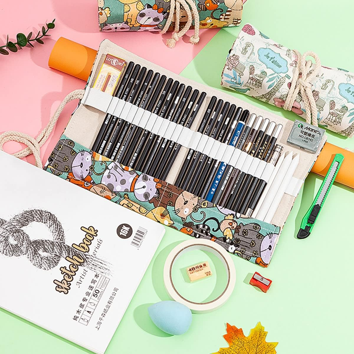 Roll up Pencil Case, Handmade Canvas Pencil Organizer, Foldable Multiuse Roll up Pencil Case (72 Slots) image number 6