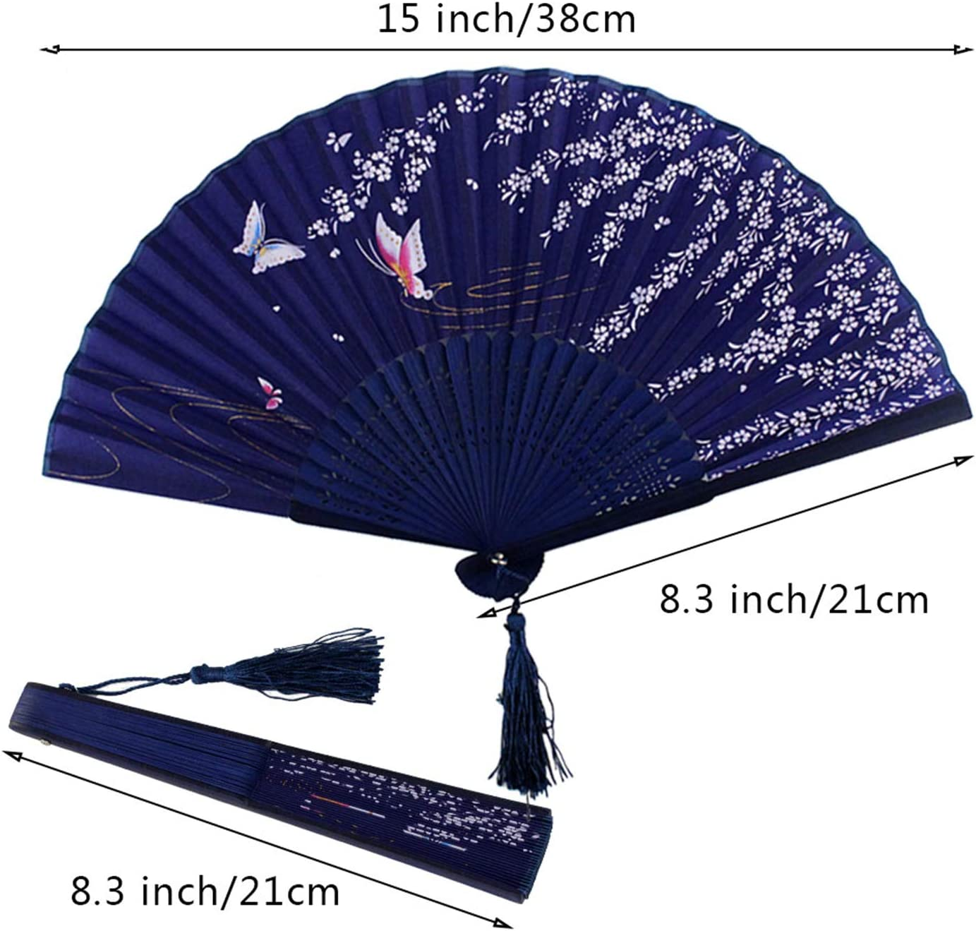 Bantoye 2 Pieces Handheld Fans, Silk Folding Fans with Bamboo Frames for Dancing Cosplay Wedding Party Props Decoration, White Blue image number 2