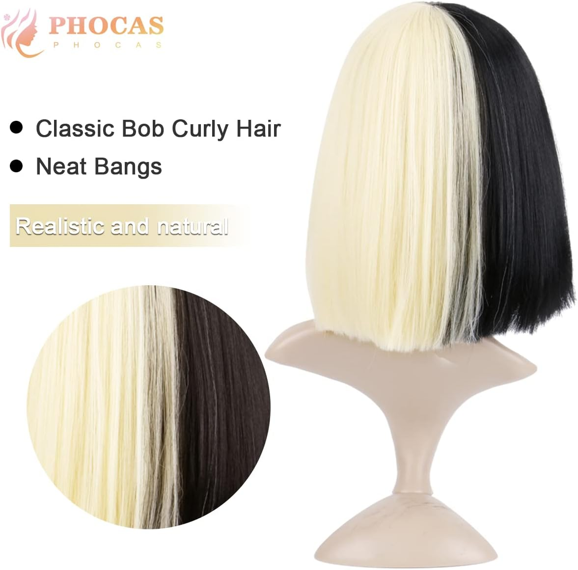 Phocas Hair Half Blonde and Black 2 Tone Hair Short Straight Cosplay Wig for Women