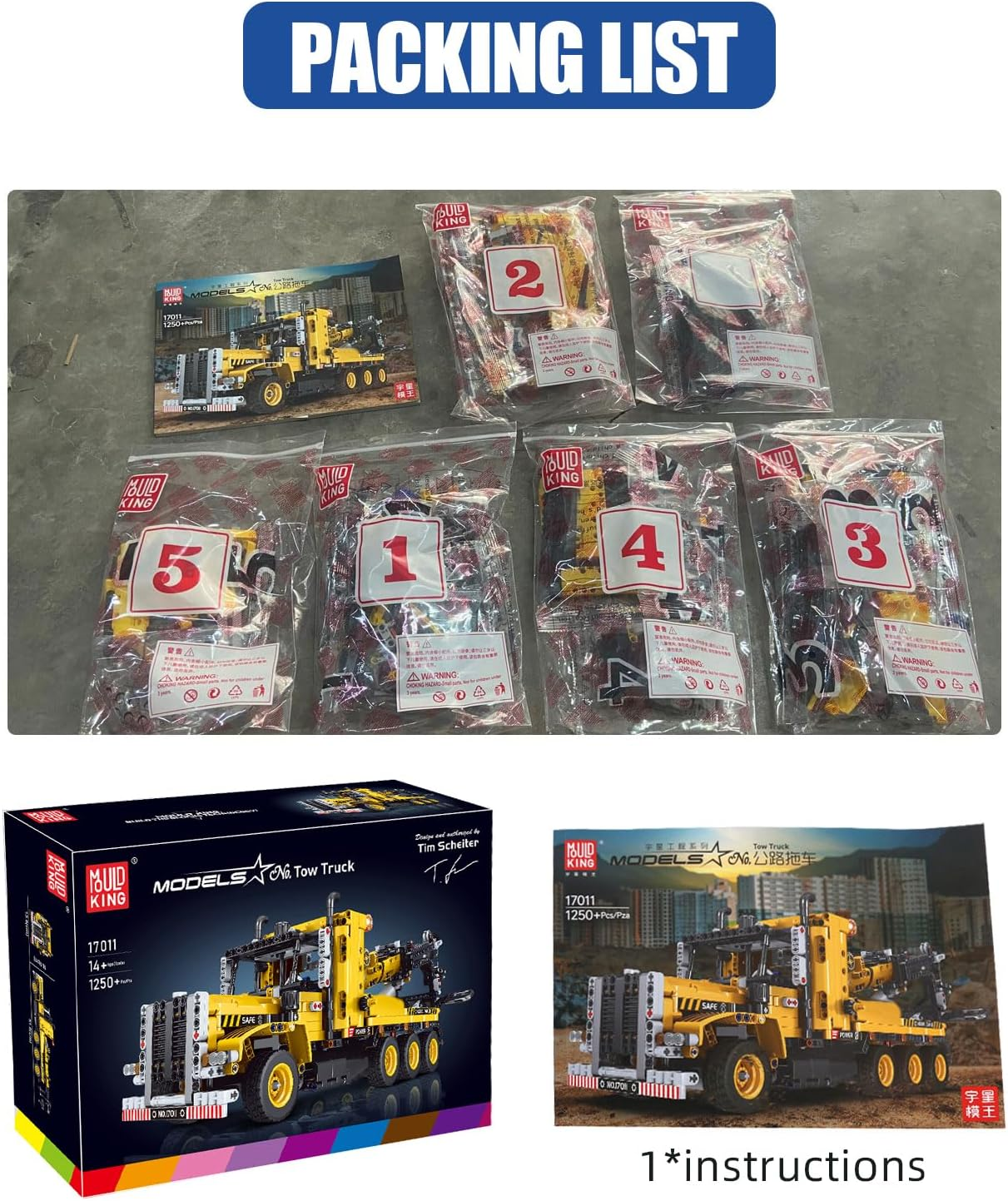 Mould King 17011 Heavy-Duty Tow Truck Building Set, Technology MOC Road Trailers Building Blocks Kit, Gift Toys for Kids/Adult(1250 Pieces) image number 1