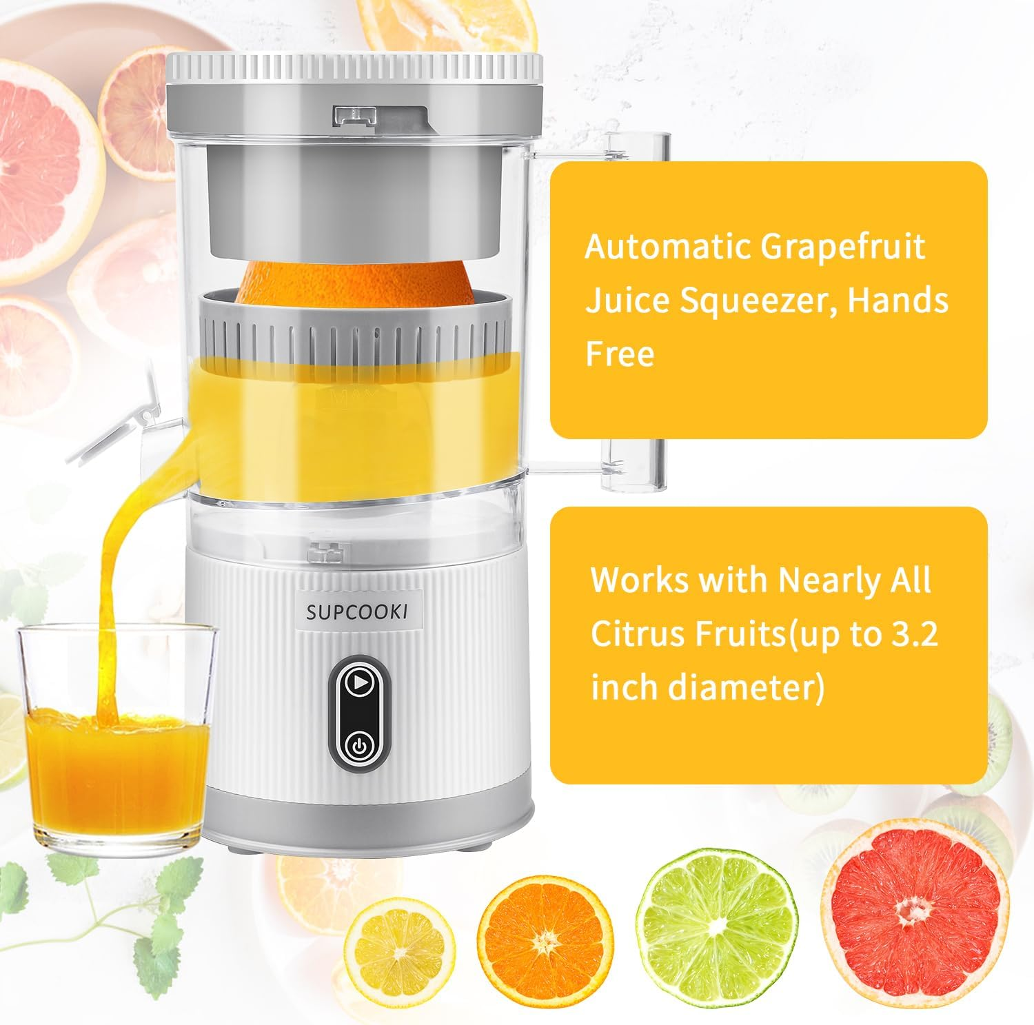 Electric Citrus Juicer, Rechargeable Juicer Machine with USB Cable and Cleaning Brush, Touch Button, Automatic Orange Lime Lemon Grapefruit Squeezer, Easy to Clean Portable Juicer, White image number 3