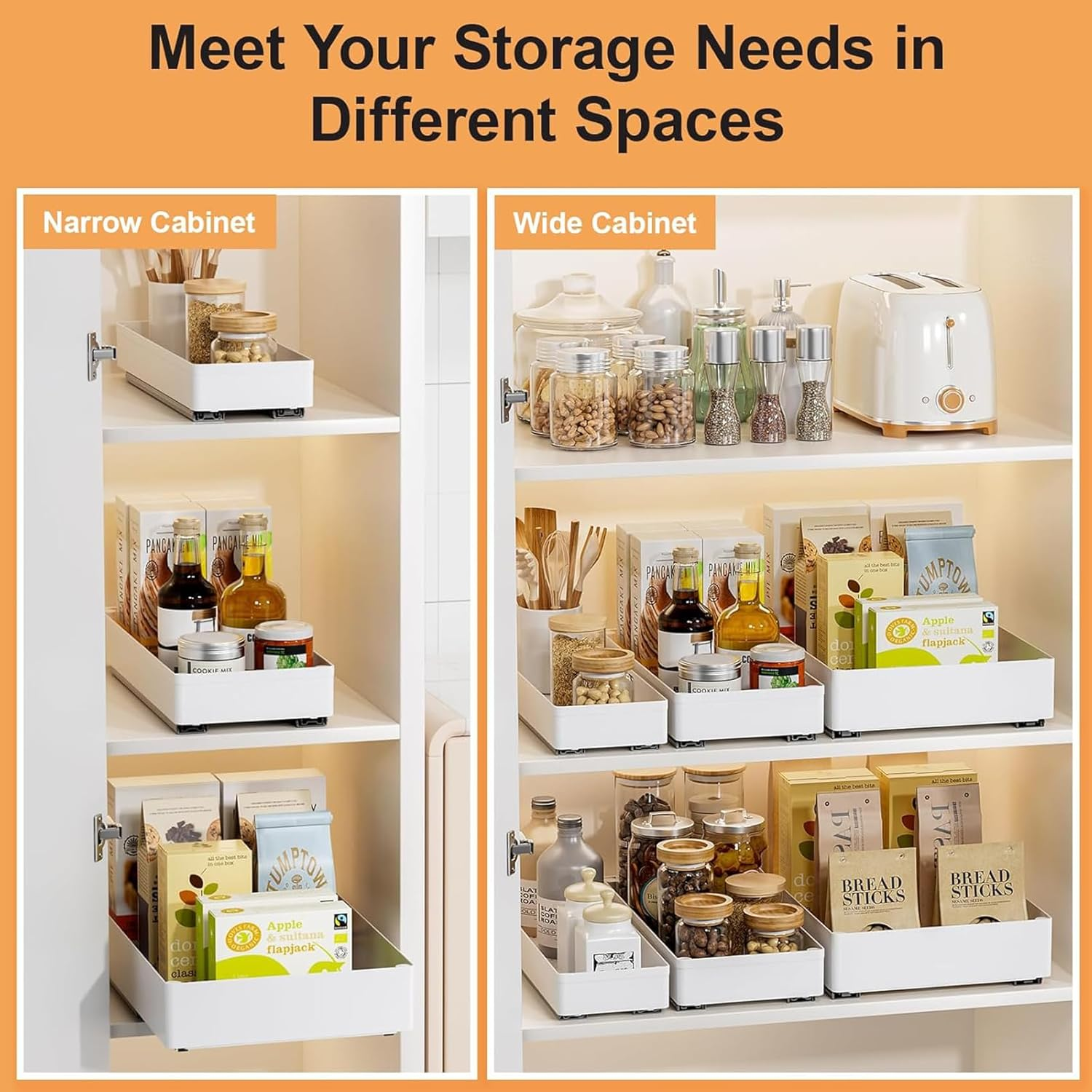 3 Packs Pull Out Cabinet Organizer, 40Cm Deep Slide Out Drawers, Roll Out Rack Shelves for Bathroom Kitchen Cabinets, White image number 4