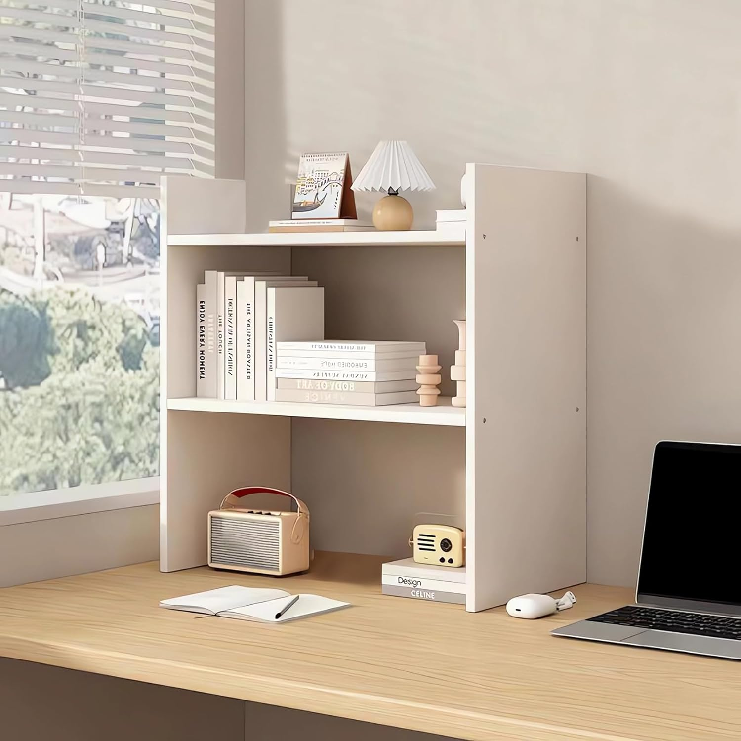 Desktop Bookshelf, 2-Tier Storage Rack, 42 X 40 X 15 Cm, Wood Bookcase A219 (A White)