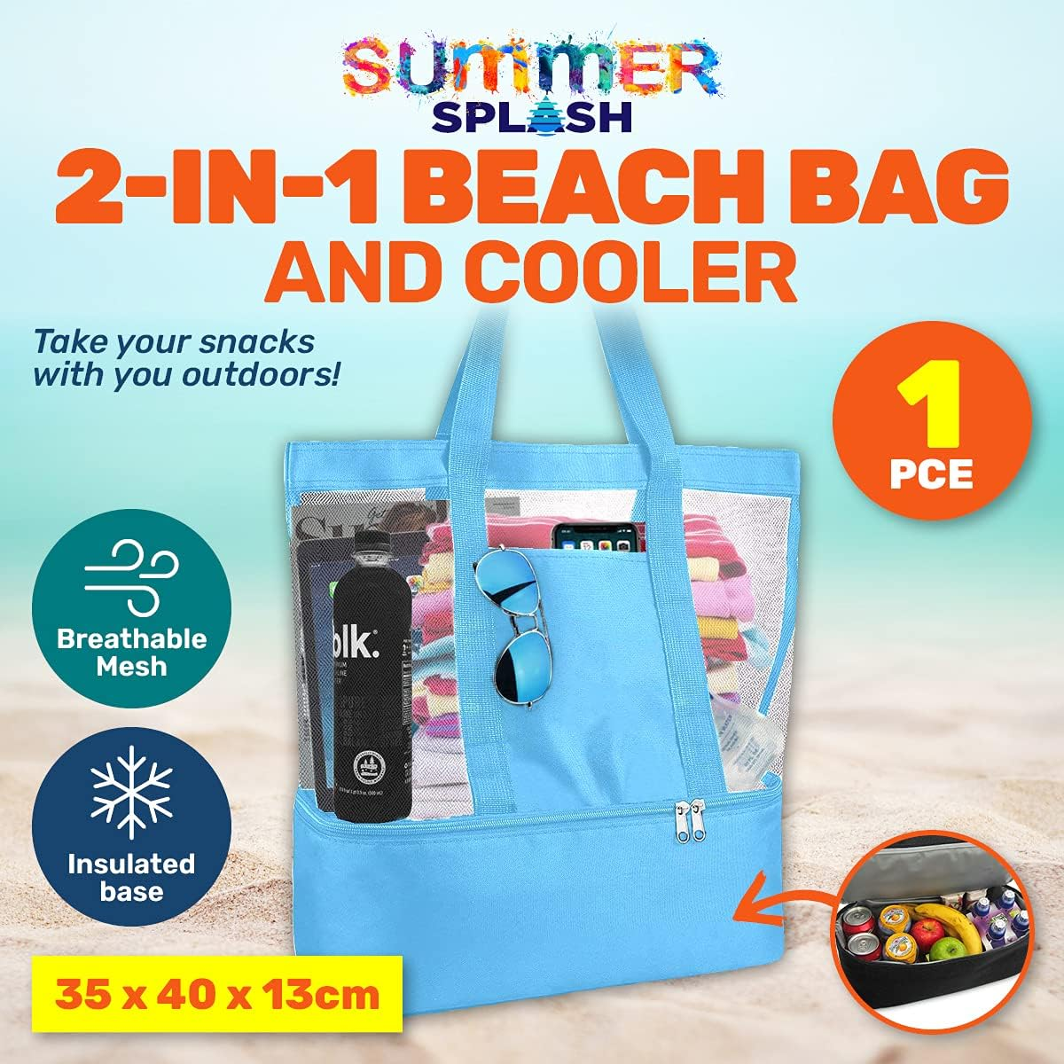 Summer Splash 2-In-1 Beach Bag with Built-In Cooler - 35Cm X 40Cm X 13.5Cm in Black, Navy, Light Blue, & Pink image number 4