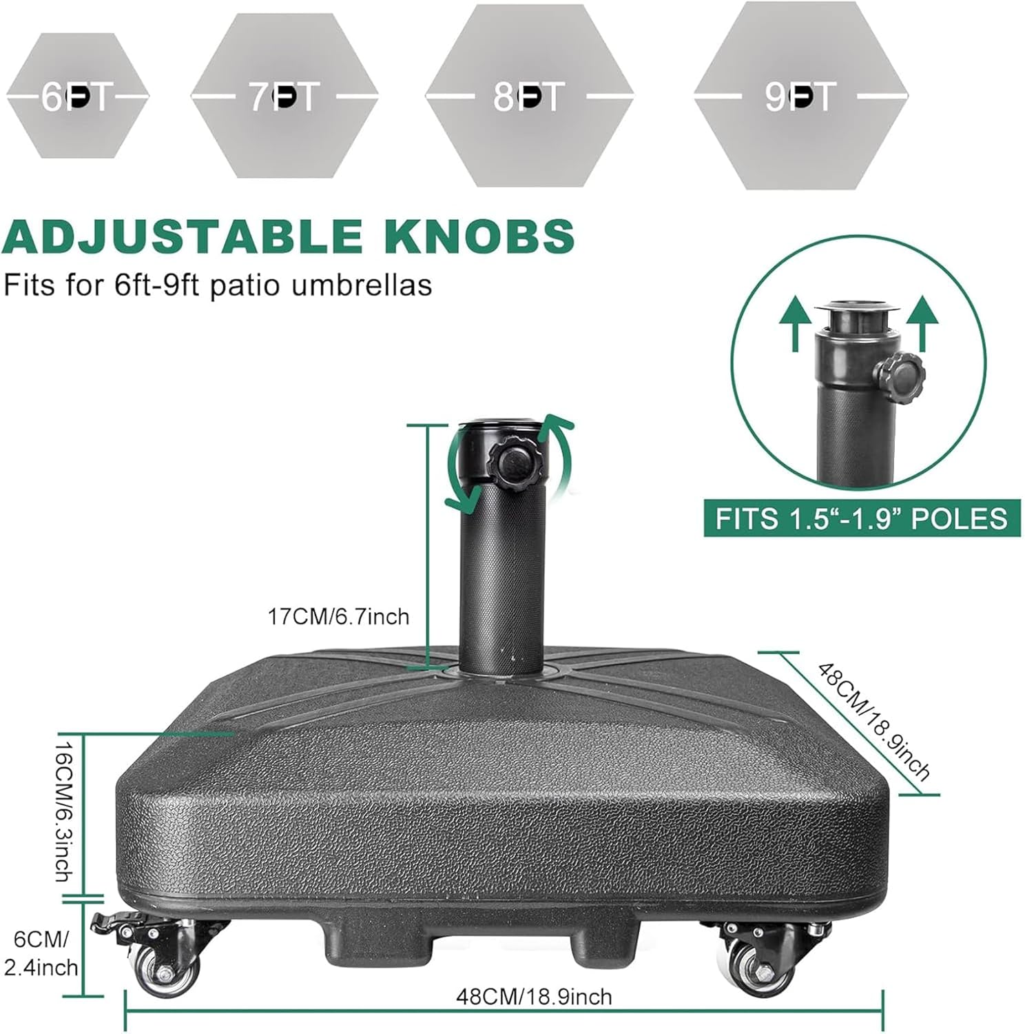 Umbrella Base with Wheels, Market Umbrella Stand for Outdoor Patio Deck Poolside Garden, 35Kg Capacity, 48 * 48 * 39Cm Black image number 4