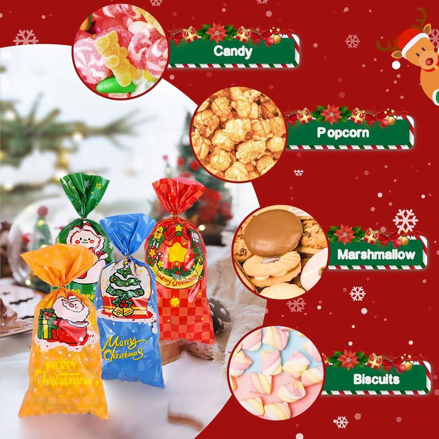Christmas Treat Bags, 50 Pack Christmas Cellophane Treat Bags, 13 X 27Cm Treat Candy Bags with 50 Pcs Twist Ties for Cookie Goodies Gift Present Wrap Xmas Party Favor Supplies, 4 Styles