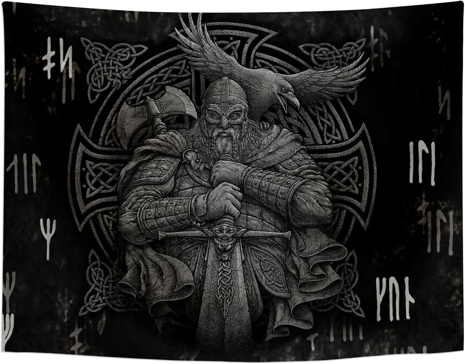 Norse Viking Tapestry Odin Warrior Sword Axe Raven Tapestries Square Knot Tattoo Art Wall Hanging Nordic Meditation Runes for Men Bedroom Aesthetic Room Home Decor 80" X 60" image number 6