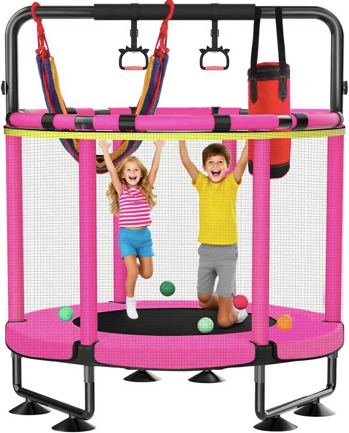 60" Trampoline for Kids with Enclosure, 440Lbs Capacity Indoor & Outdoor Toddler Trampoline with Adjustable Gymnastics Bar & Toys, for Boys & Girls