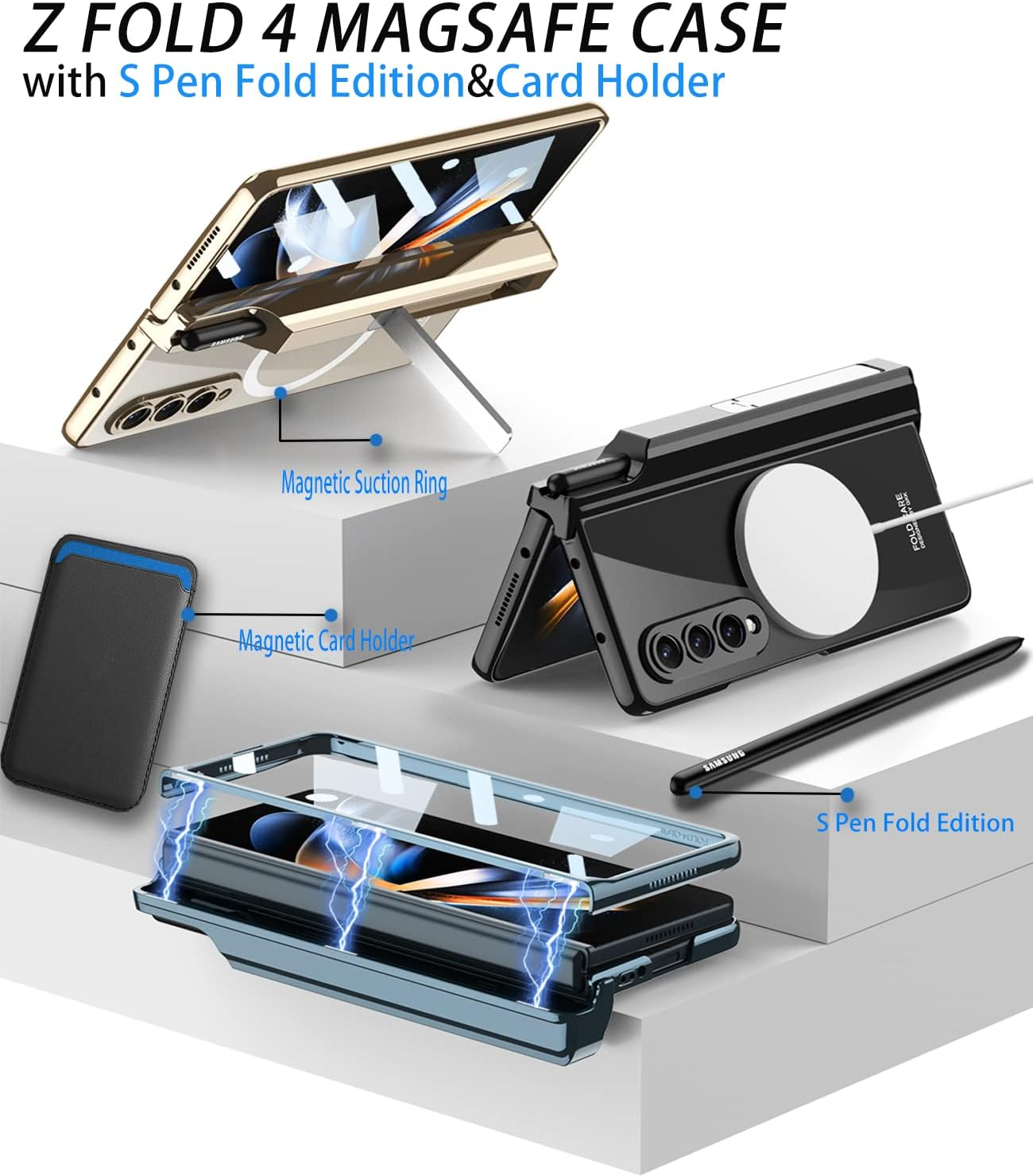 For Samsung Z Fold 4 Magsafe Case【With S Pen Fold Edition】&Card Holder,Hinges Protect the Built-In Pen Holder,With Screen Protector and Stand, Clear Black Edge Case for Galaxy Z Fold 4 image number 5