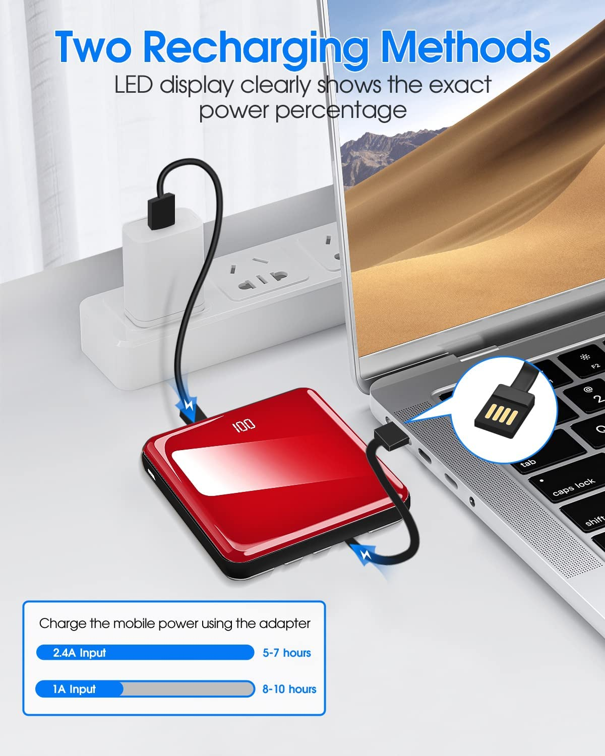 Power Bank with Built in Cables, 10000Mah Slim Portable Charger LED Display, Small External Battery Pack with 4 Inputs and 5 Outputs Phone Charger for Iphone Samsung Huawei Ipad Etc (Red) image number 6