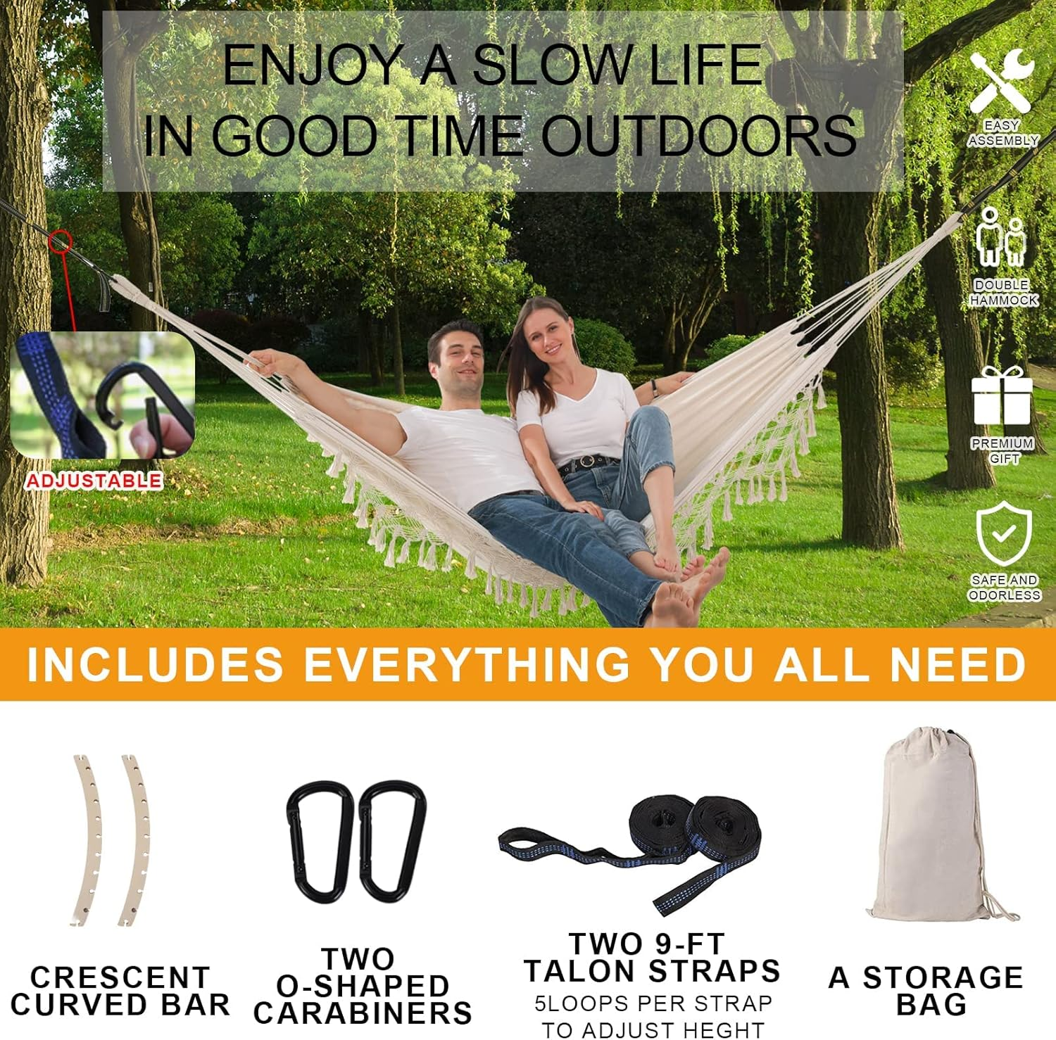 Hammock Boho Hammock Deluxe Double Hammocks Hamacas Para Patio 2 Person Portable Hammock with Carry Bag Perfect for Camping Patio, Porch, Bedroom, Yard, Beach, Indoor, Outdoor (Beige) - Beige Without Stand image number 6
