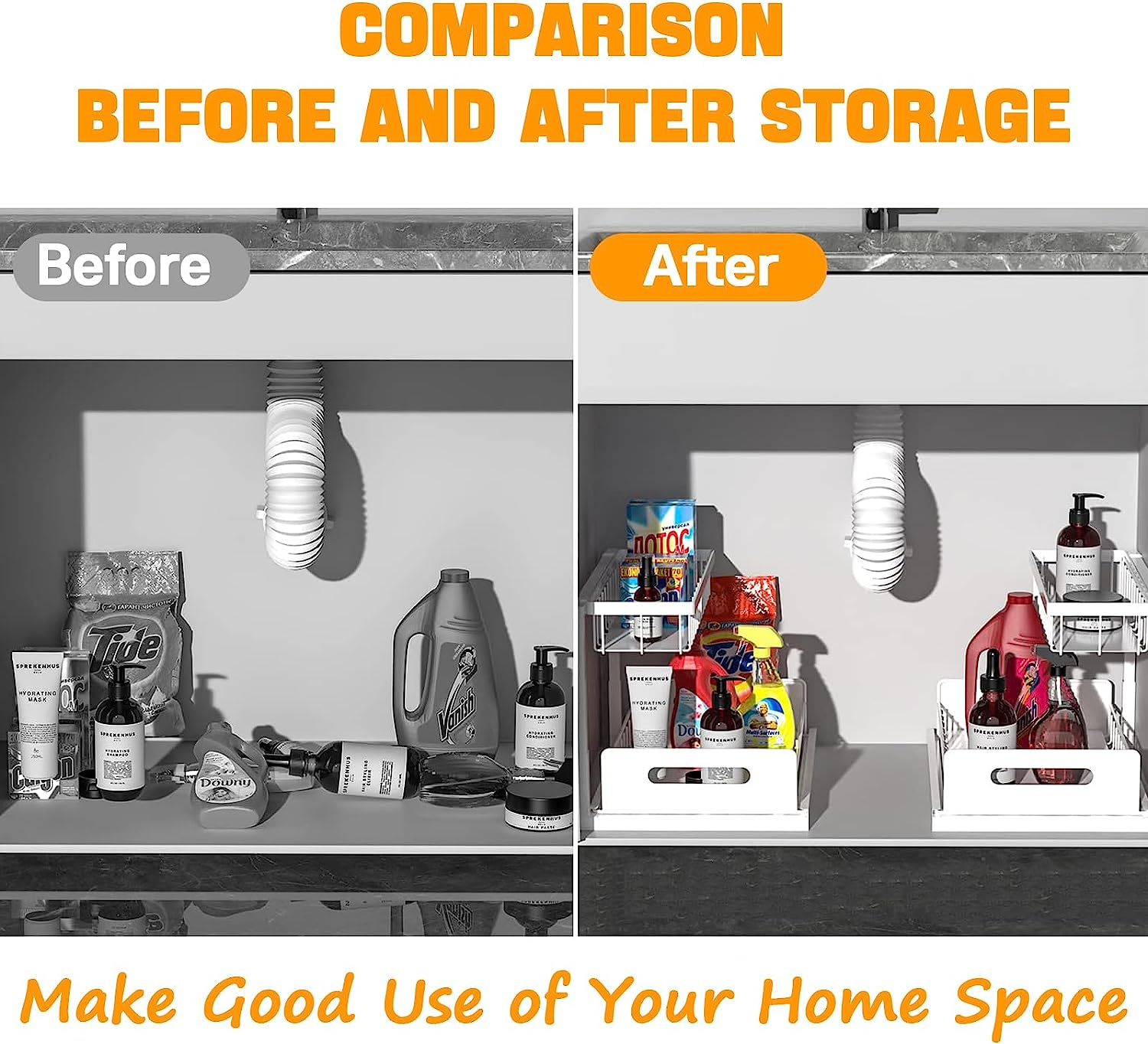 DEVA Bathroom Organizer, High Duty Metal under Sink Organizer and Storage, 2 Tiers Pull-Out under Sink Organizer and Storage for Sink Kitchen Cabinet Laundry, White image number 2