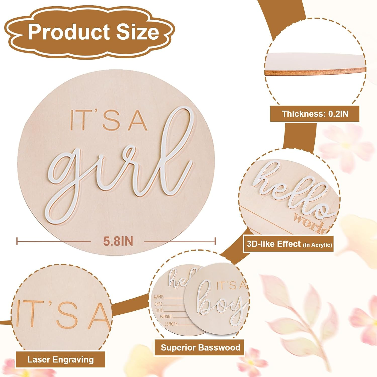 YHOLSDAS Its a Boy Its a Girl Wooden Sign & Hello World Sign, Baby Birth Announcement Sign, Gender Reveal Wooden Sign for Hospital, Birth Baby Name Plaques for Photo Props, Gender Reveal Decorations image number 4