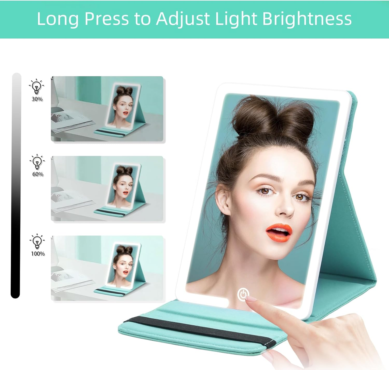 Travel Makeup Mirror with Lights, Lighted Travel Mirror with PU Leather Cover, 1500Mah Battery 3-Color Light Modes Dimming LED Light up Vanity Cosmetic Mirror of 8X 5.5Inch for Travel, Home, Office image number 3