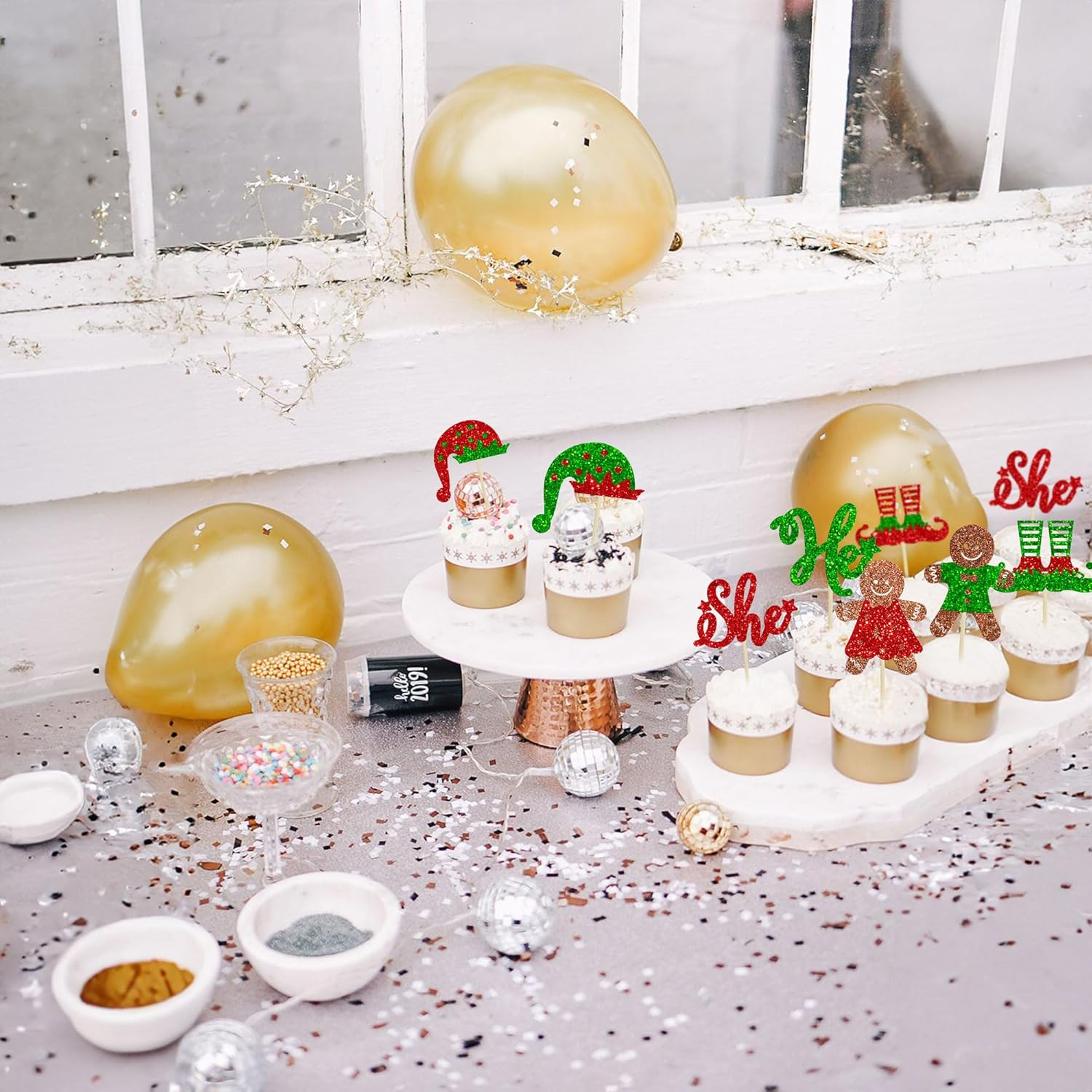 Gyufise 24Pcs Gingerbread Christmas Cupcake Toppers Glitter Gingerbread He or She Cake Topper Decorations for Christmas Theme Baby Shower Kids Birthday Party Supplies image number 4