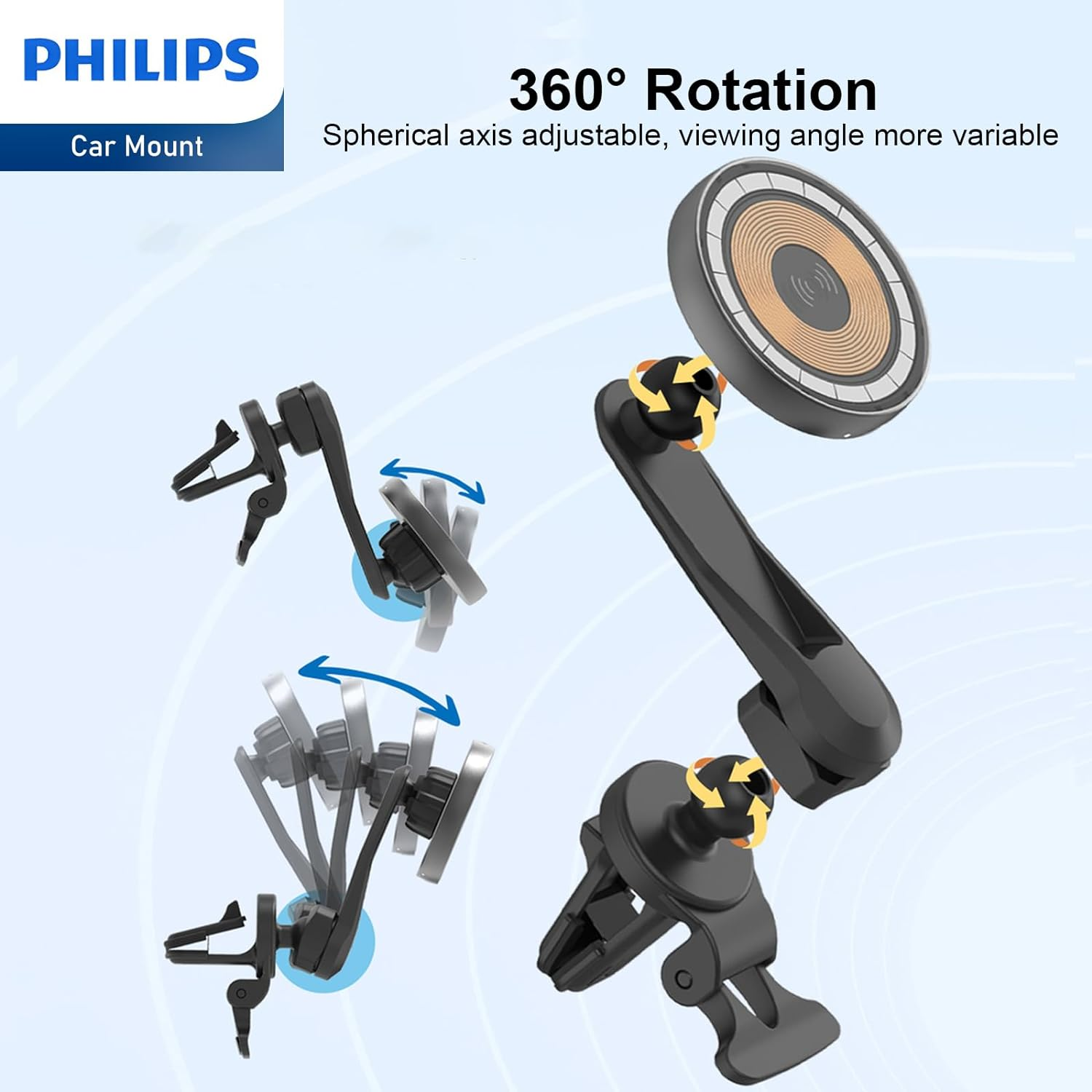 Philips Magnetic Wireless Car Charger Mount, Air Vent for Iphone 16/15/14 plus Pro Max/13/12 Pro Max/12 Mini, 15W Charging Compatible with Magsafe Car Mount, Fast Charging Phone Holder image number 1