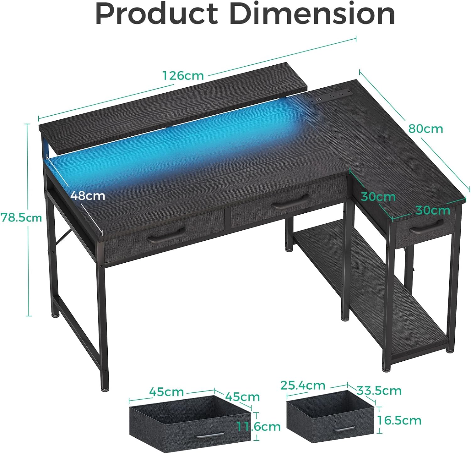 ODK L Shaped Computer Desk with 10 Colour RGB LED Lights&2 AC Outlets, Home Office Desk with Flexible Monitor Stand, Corner Desk with 3 Drawers Reversible Storage Shelves，126 * 80 * 92.7Cm, Black image number 4