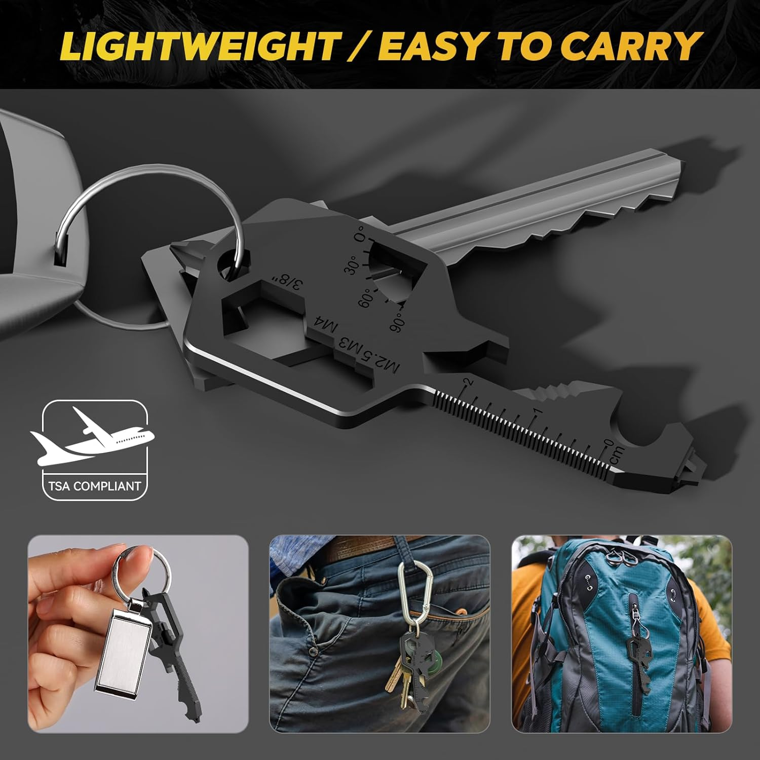 Key Shaped Pocket Multitool 26-In1 Multi Tool, Bottle Opener, Box Opener, Philip and Flat-Head Screwdrivers, 8 Size Hex Wrench, Allen Wrench, Ruler, Protractor, Wire-Stripper (Black) - Black image number 4