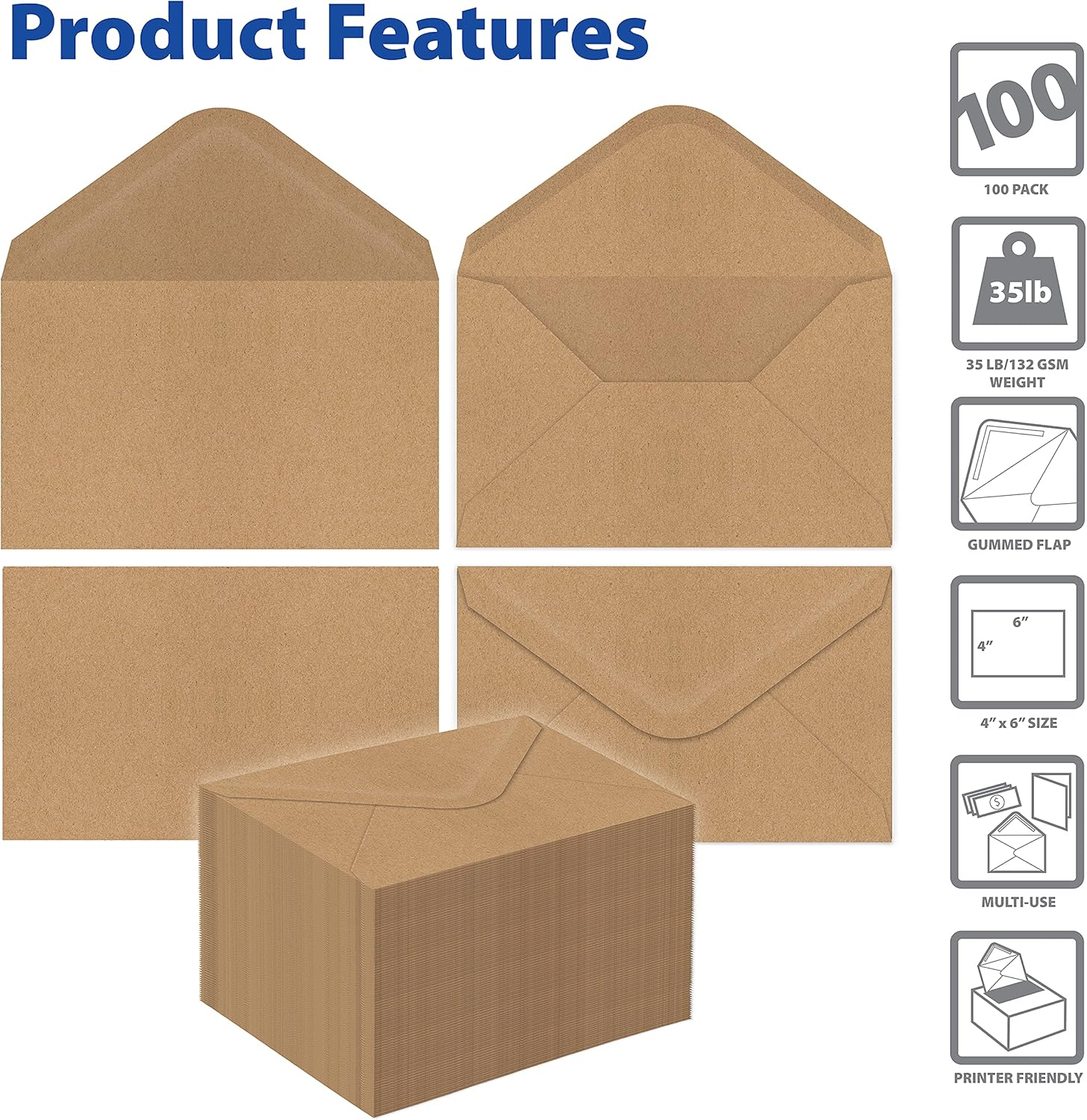 Better Office Products A6 Kraft Invitation Envelopes, 100-Pack, Strong Bond Paper, By, Pointed Flap, for Use with 4 X 6 Inch Invitation Cards, 100 Pack (4.75 X 6.5 Inch) image number 1