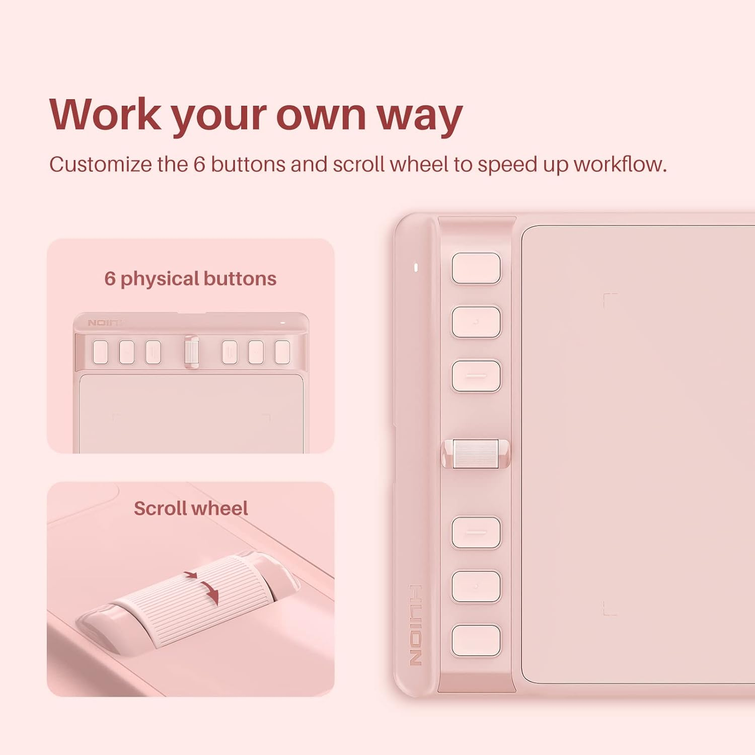 HUION Inspiroy 2 Small Drawing Tablet with Scroll Wheel 6 Customized Keys Battery-Free Stylus for Digital Art, Design, Photo Editing, 6X4 Graphics Tablet Works with Mac, PC & Moible, Pink image number 2