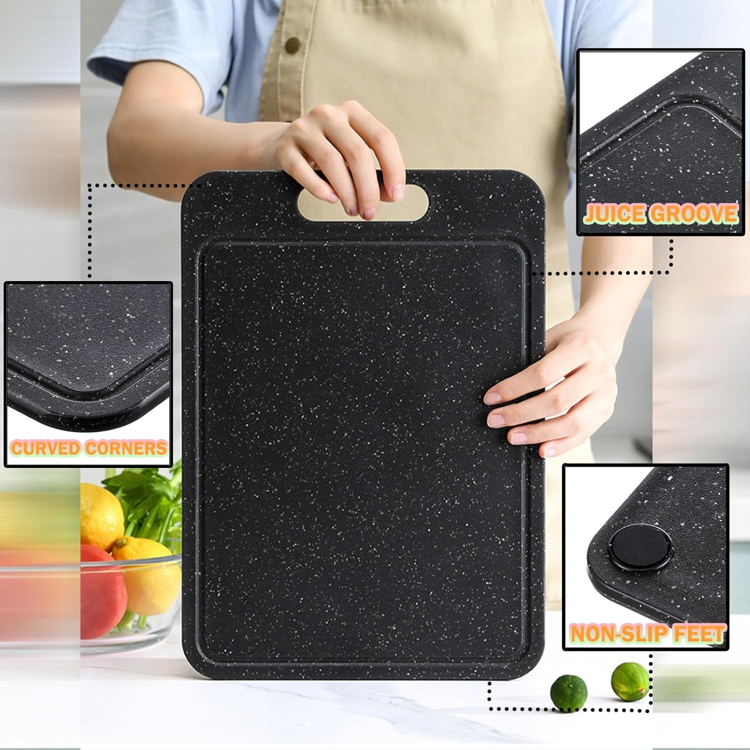 3-Piece Kitchen Chopping Boards with Non-Slip Feet & Juice Grooves & Carrying Handle, No BPA Plastic Cutting Board Set, Dishwasher Safe, Easy Grip Handle, Reversible Cutting Board, Black image number 6