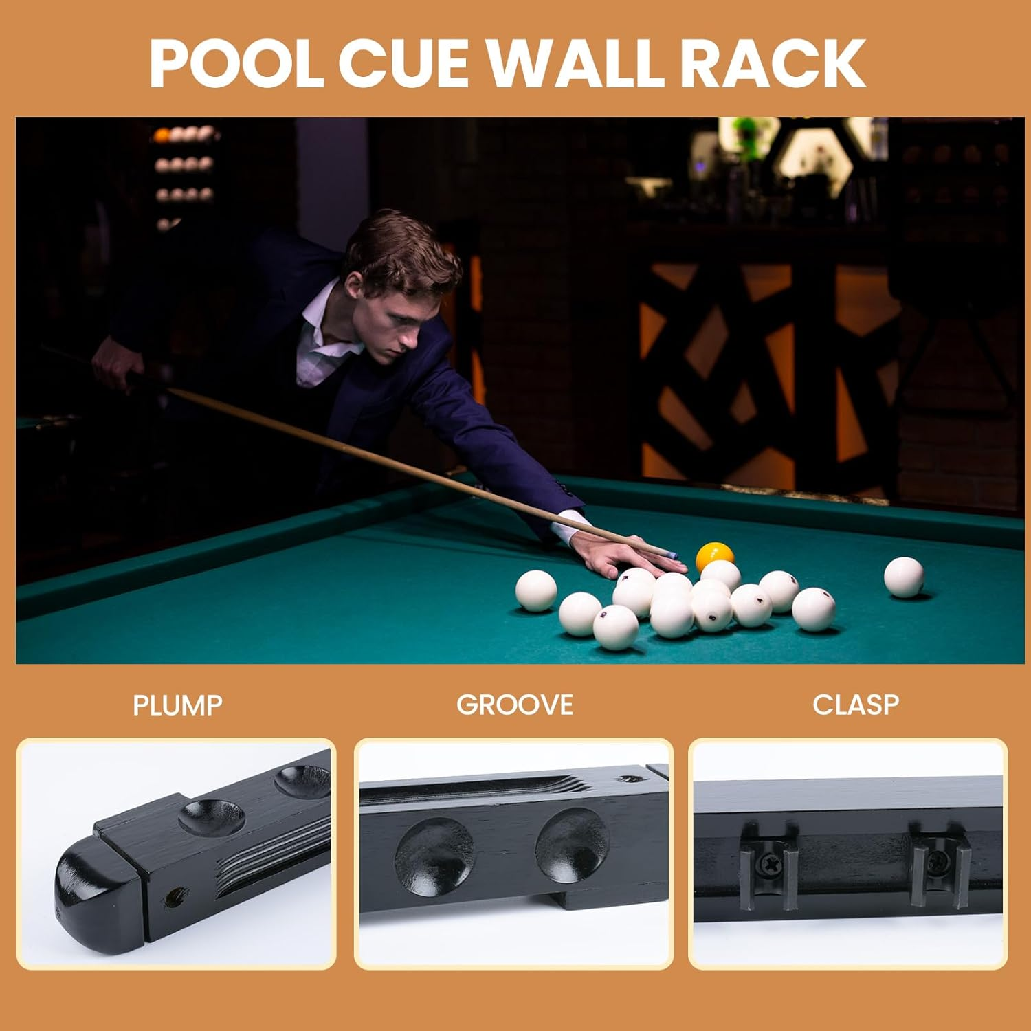 Pool Stick Holder for Pool Cue Storage, Wooden Pool Cue Rack Wall Mount Organizer,Solid Wood Cue Rack with 8 Holes image number 4