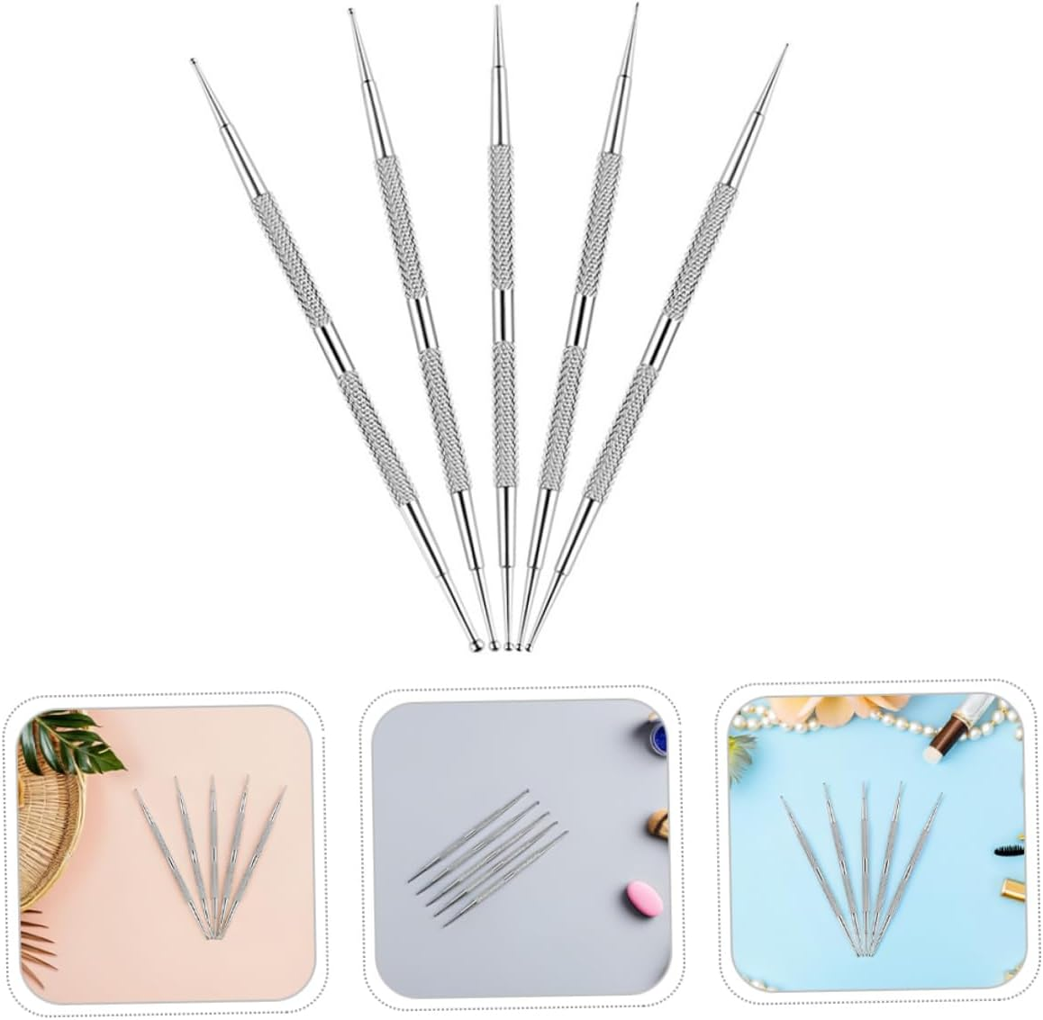5PCS Dual Ended Stainless Steel Nail Dotting Pen Set for Rhinestones Picker and Dot Painting Multifunctional Manicure Tools for DIY Nail Art Embossing and Gradient Salon Designs At