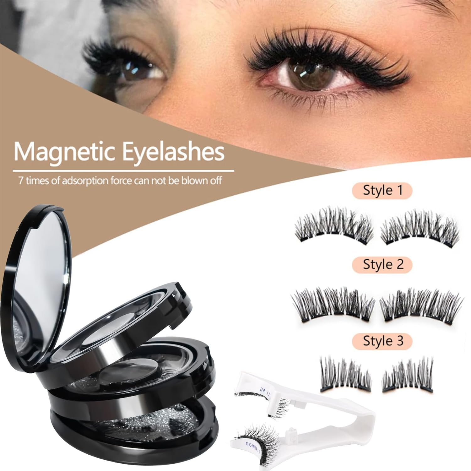 3 Style Magnetic Eyelashes, No Glue Needed Magnetic Lashes Natural Look, Reusable Lash Cluster Kit with Auxiliary Clip and Storage Box, Long Lasting Waterproof False Eyelashes for Girls Women image number 6