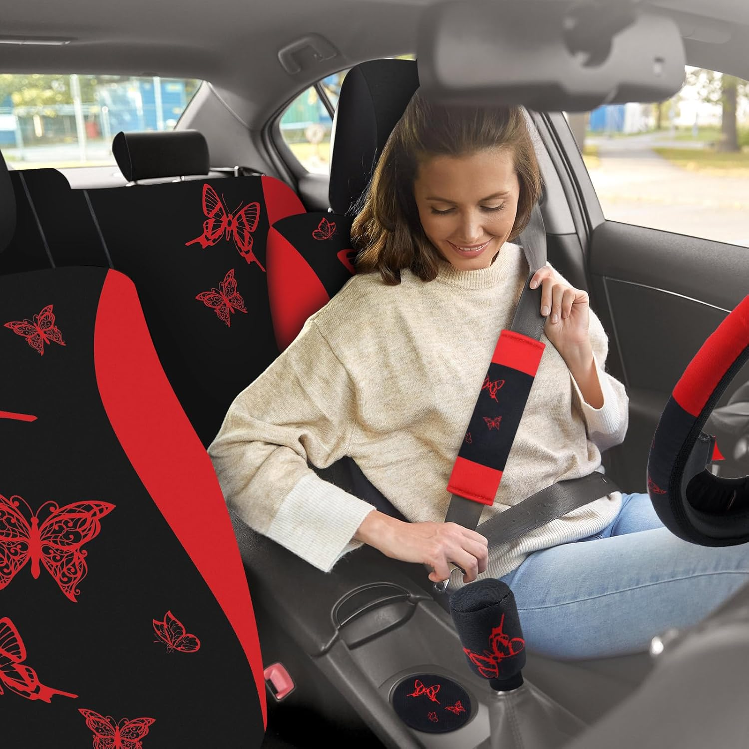 BBTO 43 Pcs Butterfly Car Seat Full Set Butterfly Car Accessories for Women 5 Front Rear Seat Covers Wrist Strap 2 Pieces Cup Mat Armrest Pad 2 Seat Belt Cover Accessories for SUV Car (Red, Black) - Blue, Black image number 5