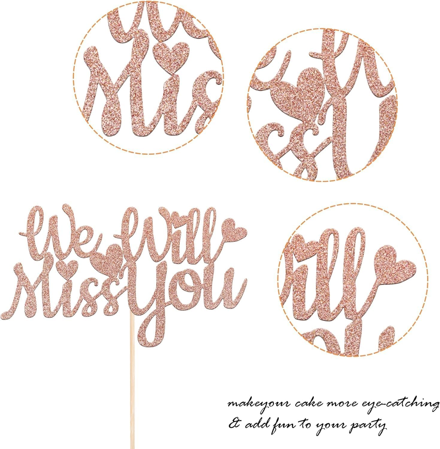 1 Pack We Will Miss You Cake Topper Glitter Red Love Heart Good Luck Cake Pick Retirement Theme Going Away Party Cake Decorations