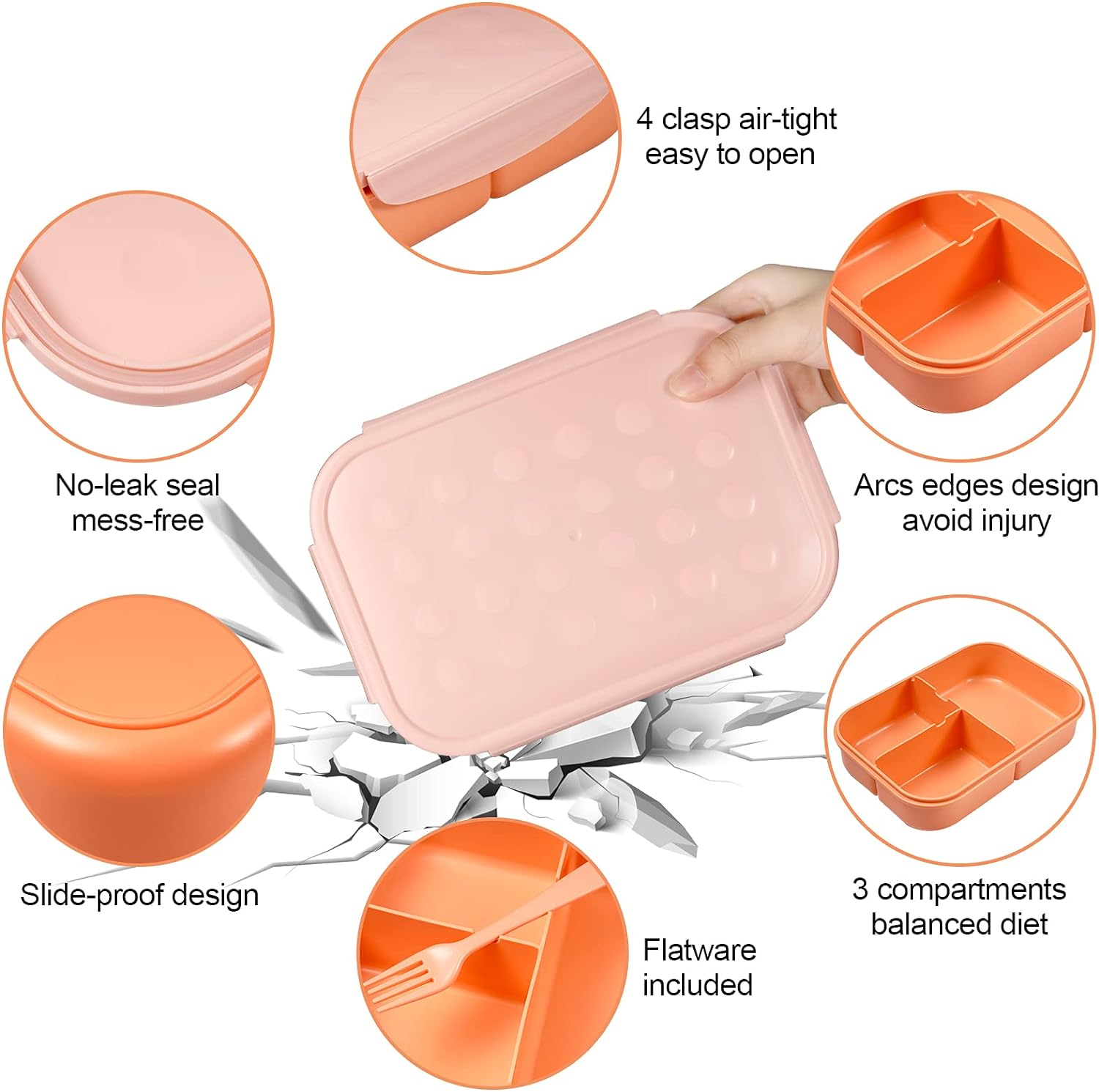 Jeopace Bento Box for Adults, 3 Compartments, Leakproof, Microwave Safe, BPA Free, Orange